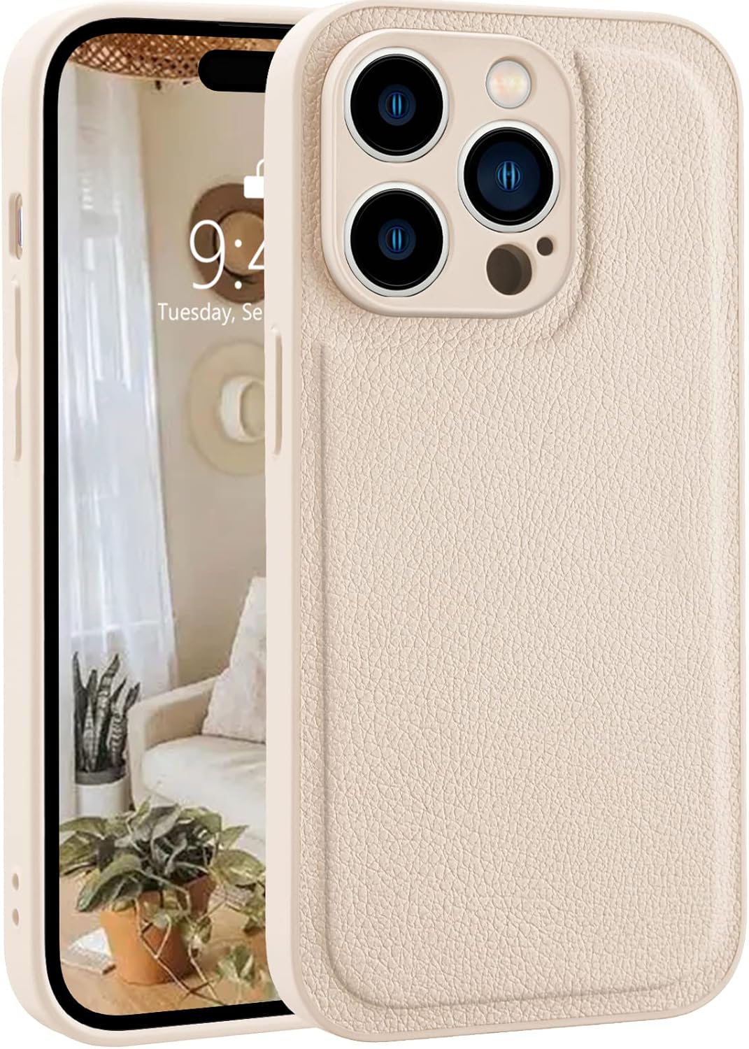MAYCARI Compatible with iPhone 15 Pro Max Leather Phone Case for Women, Solid Luxury Case, Classic Design Shockproof Slim Case Cover, Anti-Scratch Protective Case for iPhone 15 Pro Max 6.7″ – Beige