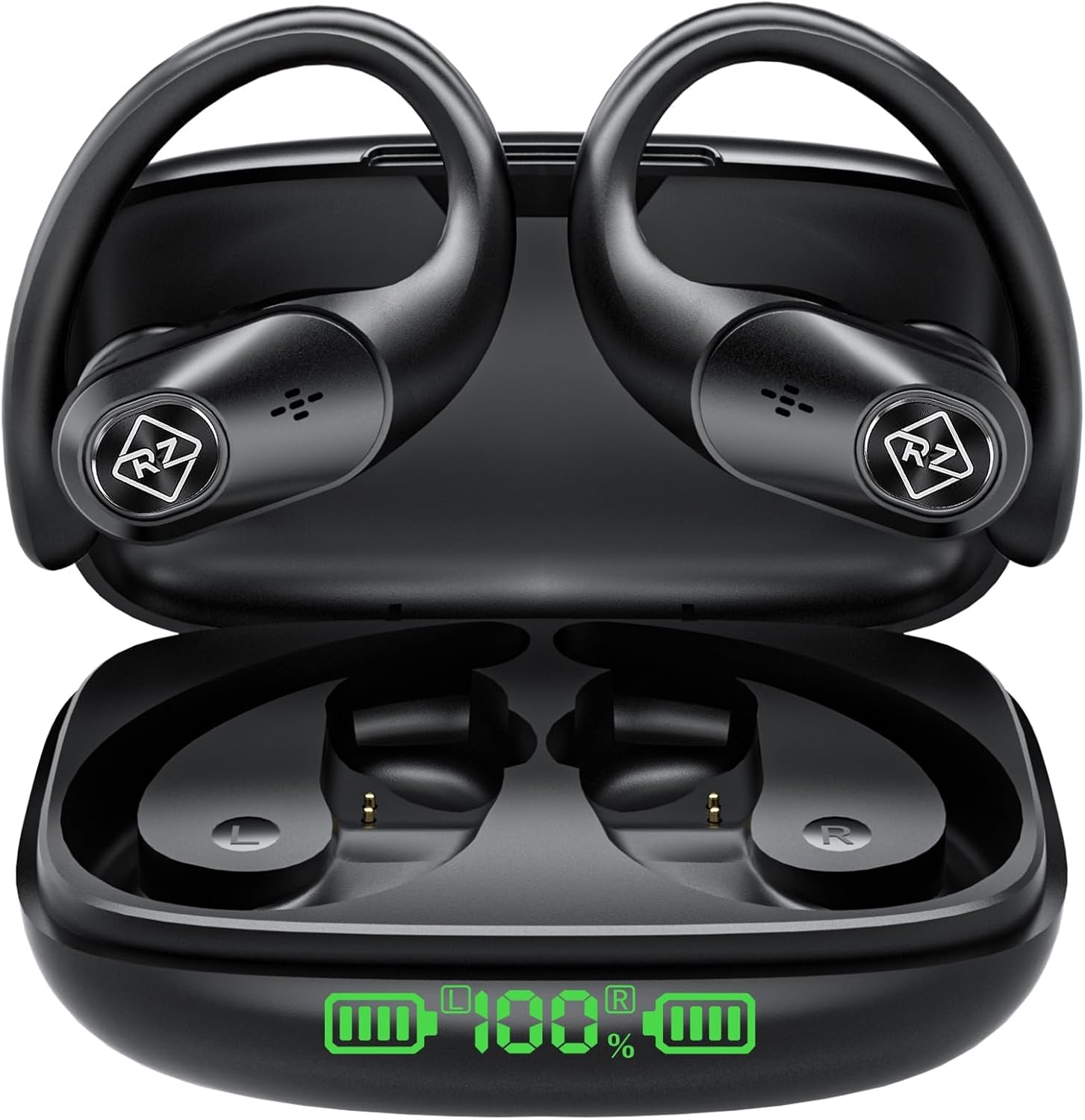 Wireless Earbuds Bluetooth Headphones 96H Playtime LED Display Waterproof Built in Mic Deep Bass Sound Secure Over Ear buds Earhooks for iPhone Android Samsung Cell Phones Sport Workout Gaming Running