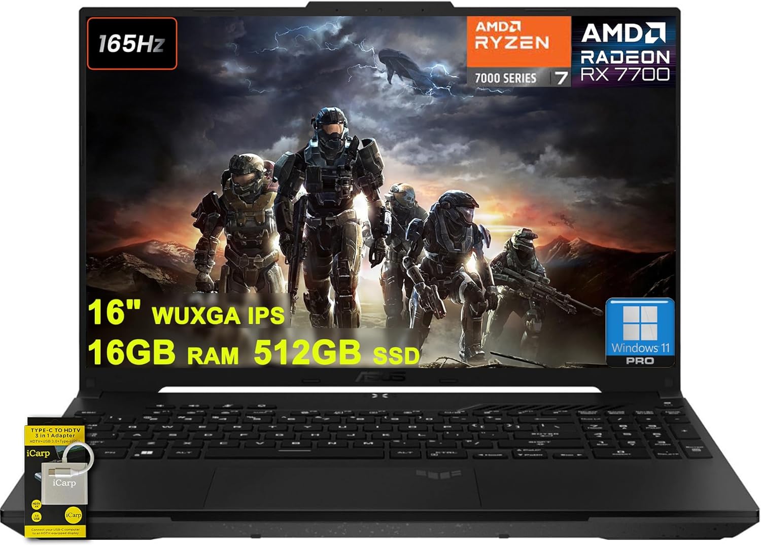 ASUS TUF Gaming A16 Laptop 16″ WUXGA 165Hz 100% sRGB AMD 8-core Ryzen 7 7735HS 16GB DDR5 512GB SSD Radeon RX 7700S (>RTX4060) Backlit USB4 AI Noise Cancelation Win11Pro w/ICP Accessory