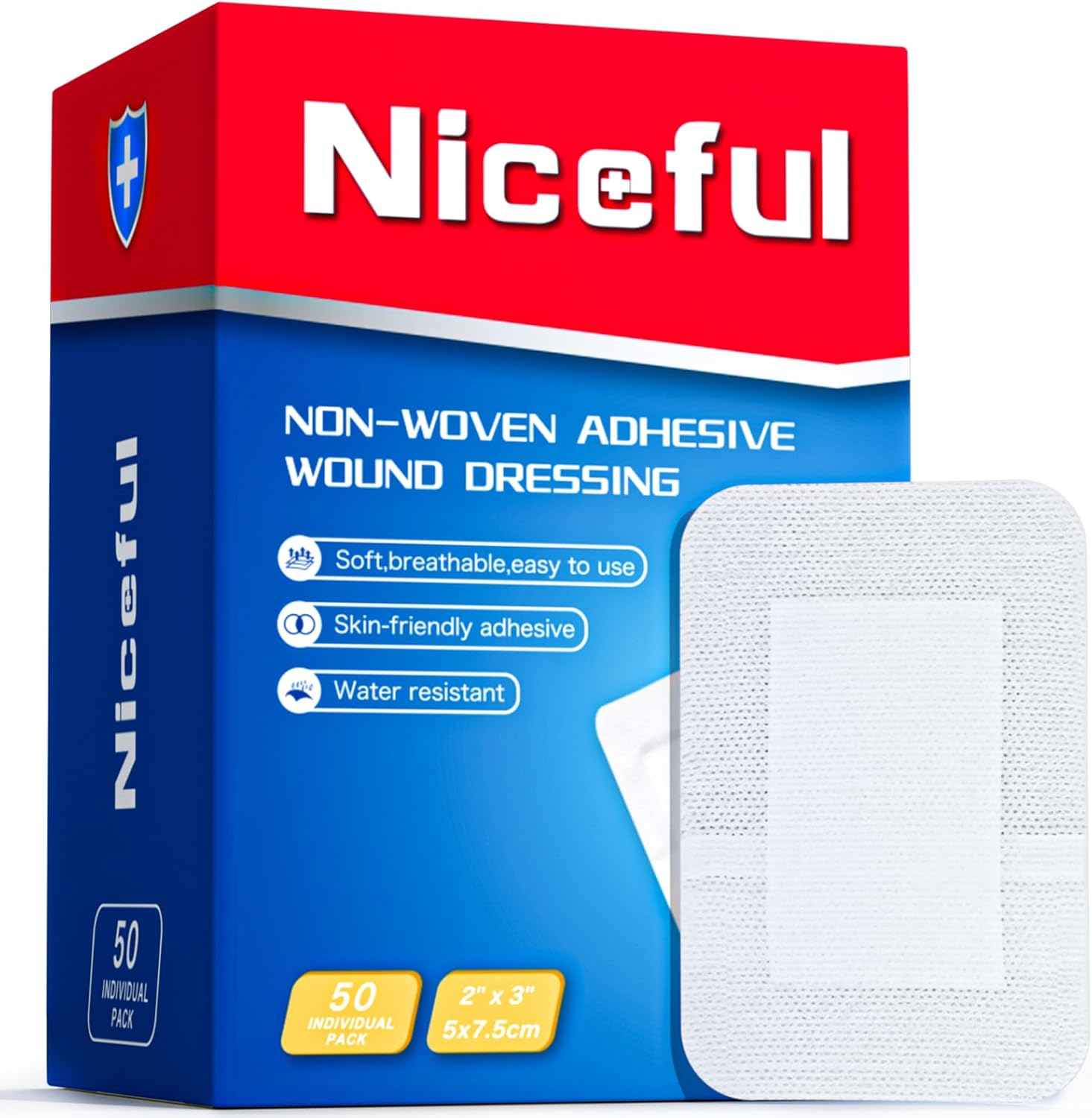 50Pcs Adhesive Gauze Island Dressing 2″x3″, Water-Resistant Wound Dressing, Sterile & Absorbent Medical Grade Dressing Pad First Aid Dressing Pads