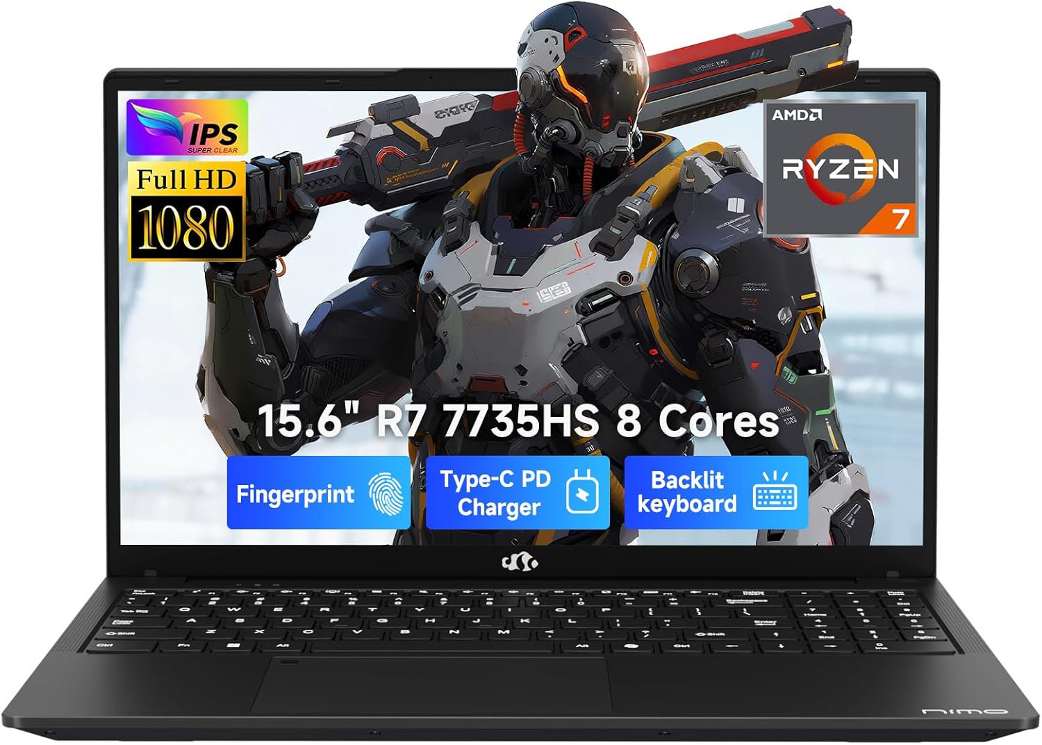 NIMO Gaming Laptop, 15.6″ FHD Display, AMD Ryzen 7 7735HS (8C/16T, Up to 4.75GHz) Computer, 32GB DDR5 1TB NVMe SSD, Radeon 680M Graphics, Backlit Keyboard, Fingerprint Unlock, PD 100W Type-C