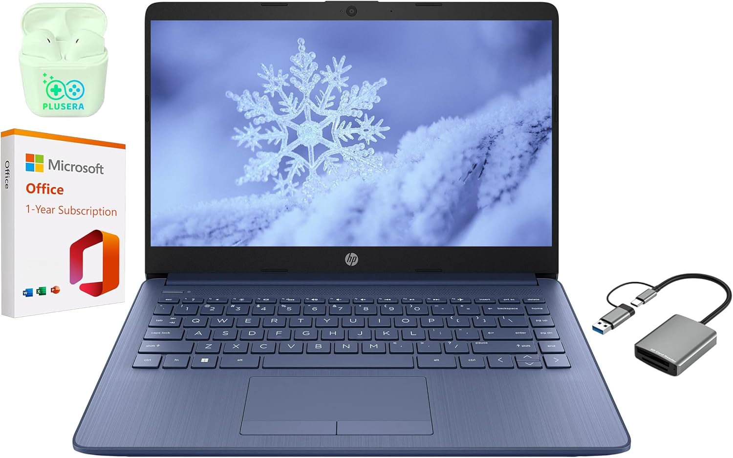 HP 14″ LED Business Laptop Computer, Intel Quad-Core N4120, Windows 11 S Laptop with 1-Year Microsoft Office 365, PLUSERA Earphones (Blue, 16GB RAM | 64GB eMMC+256GB SD Card)