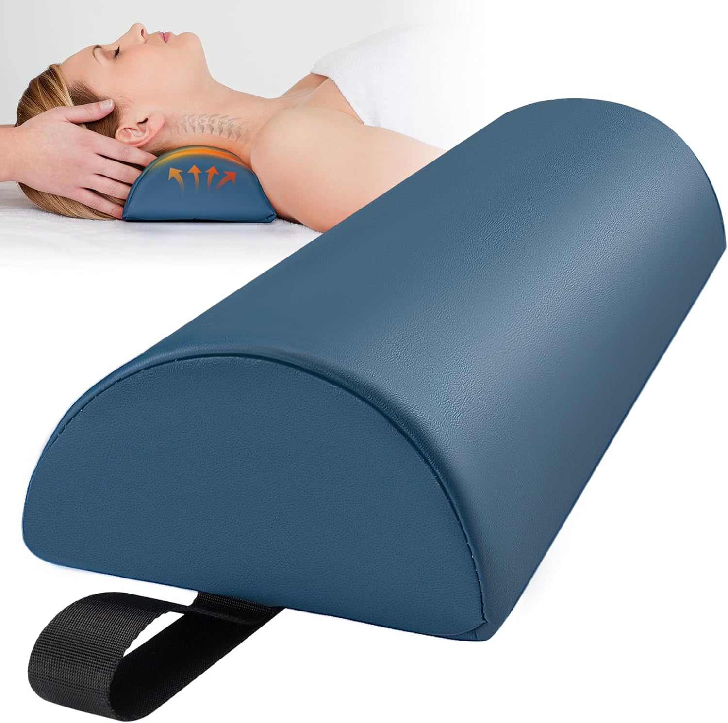 Half Round Massage Bolster for Neckrest, 17 x 6 x 4 in PU Leather Neck Pillow with Strap Handle, Comfortable Half Moon Bolster Pillow for Legs Under Knees Back Pain Relief Massage Table Bolsters, Blue