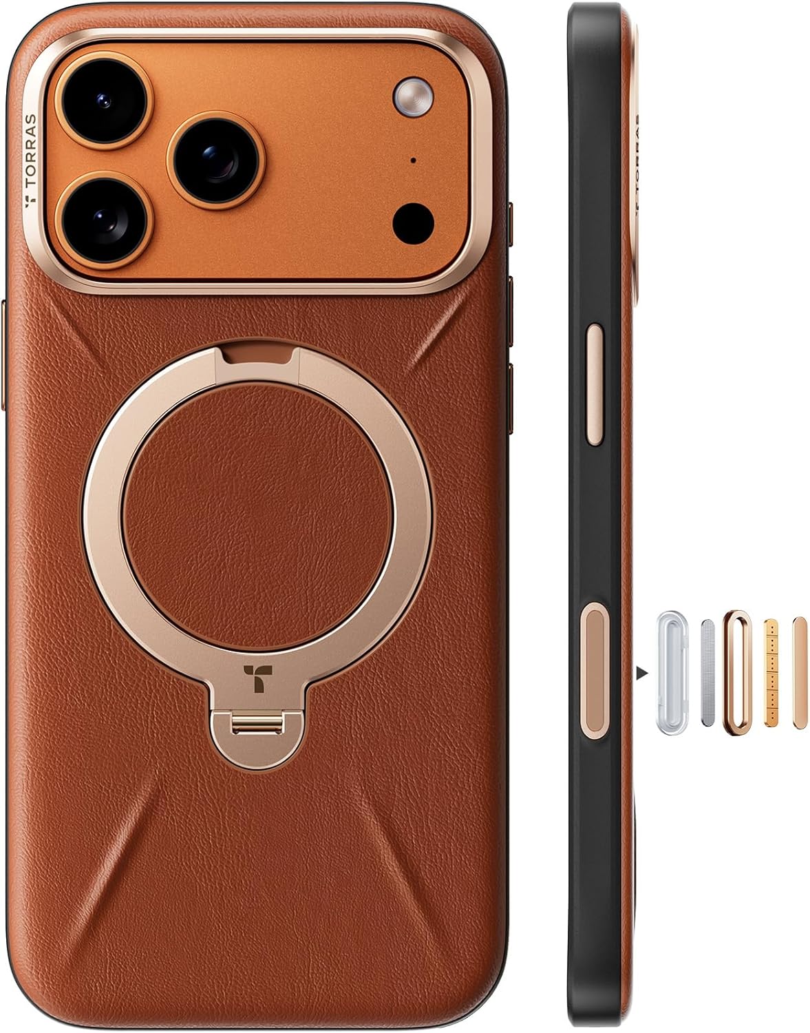 TORRAS Q3 VegSkin for iPhone 17 Pro Max Case Leather, 360 Spin Magnetic Stand, Fit for MagSafe, Camera Control, Shockproof Premium Organic Silicone Leather Case for iPhone 17 Pro Max, Saddle Brown