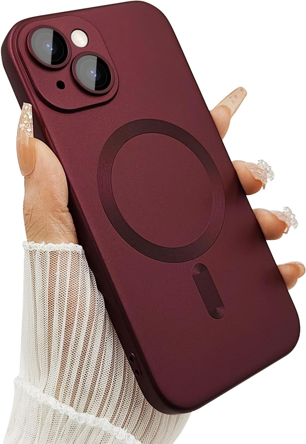 Magnetic case for iPhone 13 Phone Case for Women/Men, Matte Luxury Soft Metallic Luster Design with Camera Lens Protector, Compatible with Magsafe Case for iPhone 13 6.1″-Wine Red