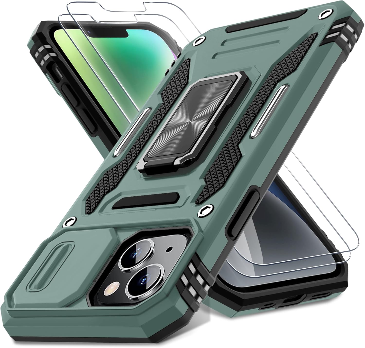DEERLAMN Case for iPhone 13/iPhone 14 6.1-Inch with Slide Camera Cover+Screen Protector(2 Packs),Rotated Ring Kickstand Military Grade Shockproof Protective Cover-Green