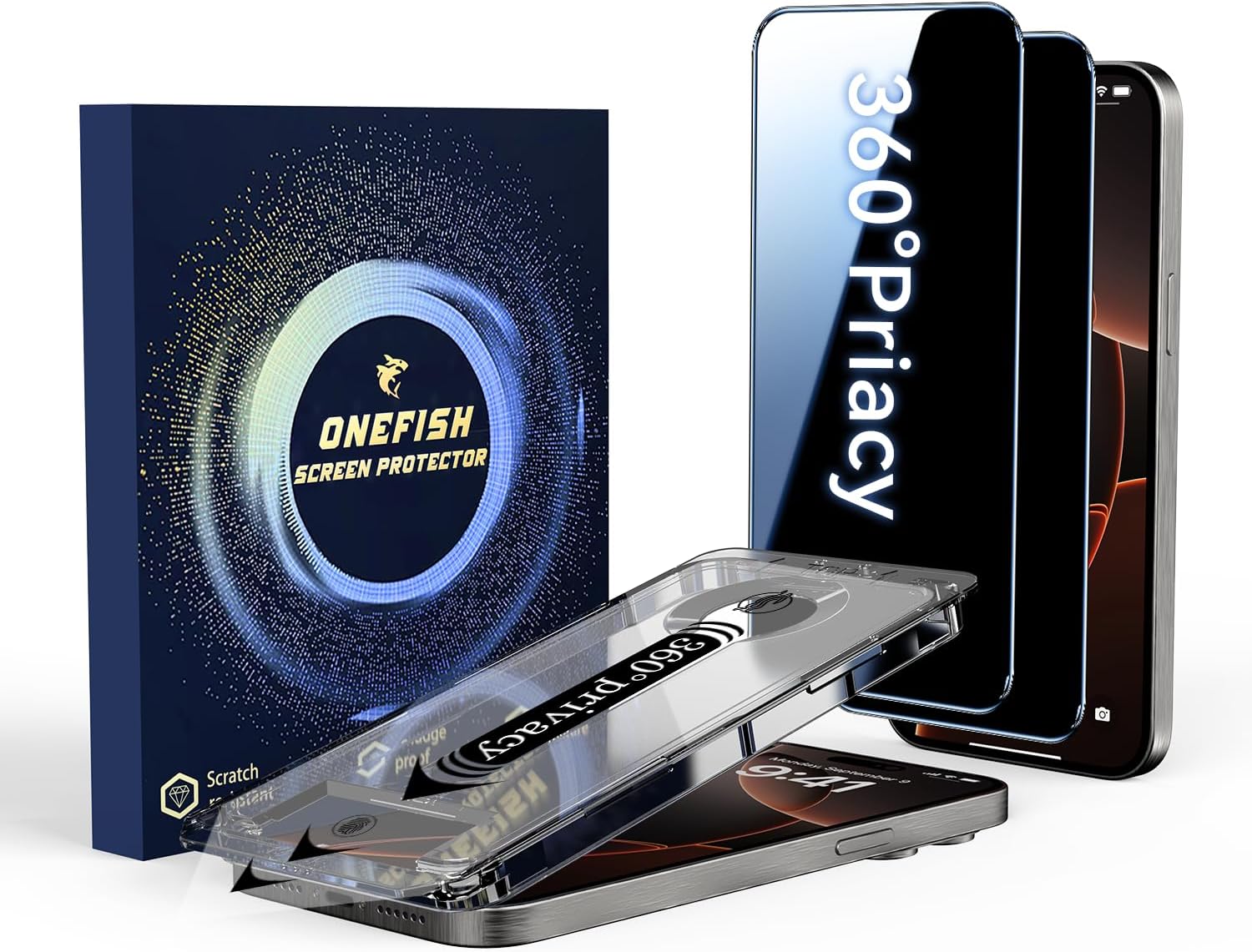 OneFish for iPhone 15/16 Privacy Screen Protector, 4-Way 360° Anti-Spy Tempered Glass, 9H Hardness, HD Clear Anti-Fingerprint 3D Curved Edges, Case-Friendly & Easy Installation [2 Pack]