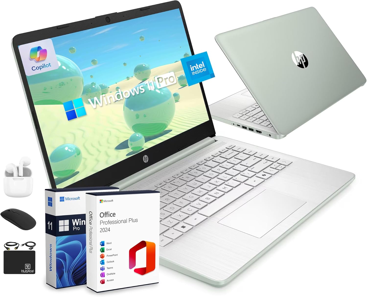 HP Ultrabook 14 Laptop Computer Business Study & Home 2025, Lifetime MS Office + Windows 11 Pro, Quad-Core Intel CPU, 16GB RAM & 628GB Storage (128GB UFS+500GB Ext), Wi-Fi 6, HubxcelAccessory, Geeen