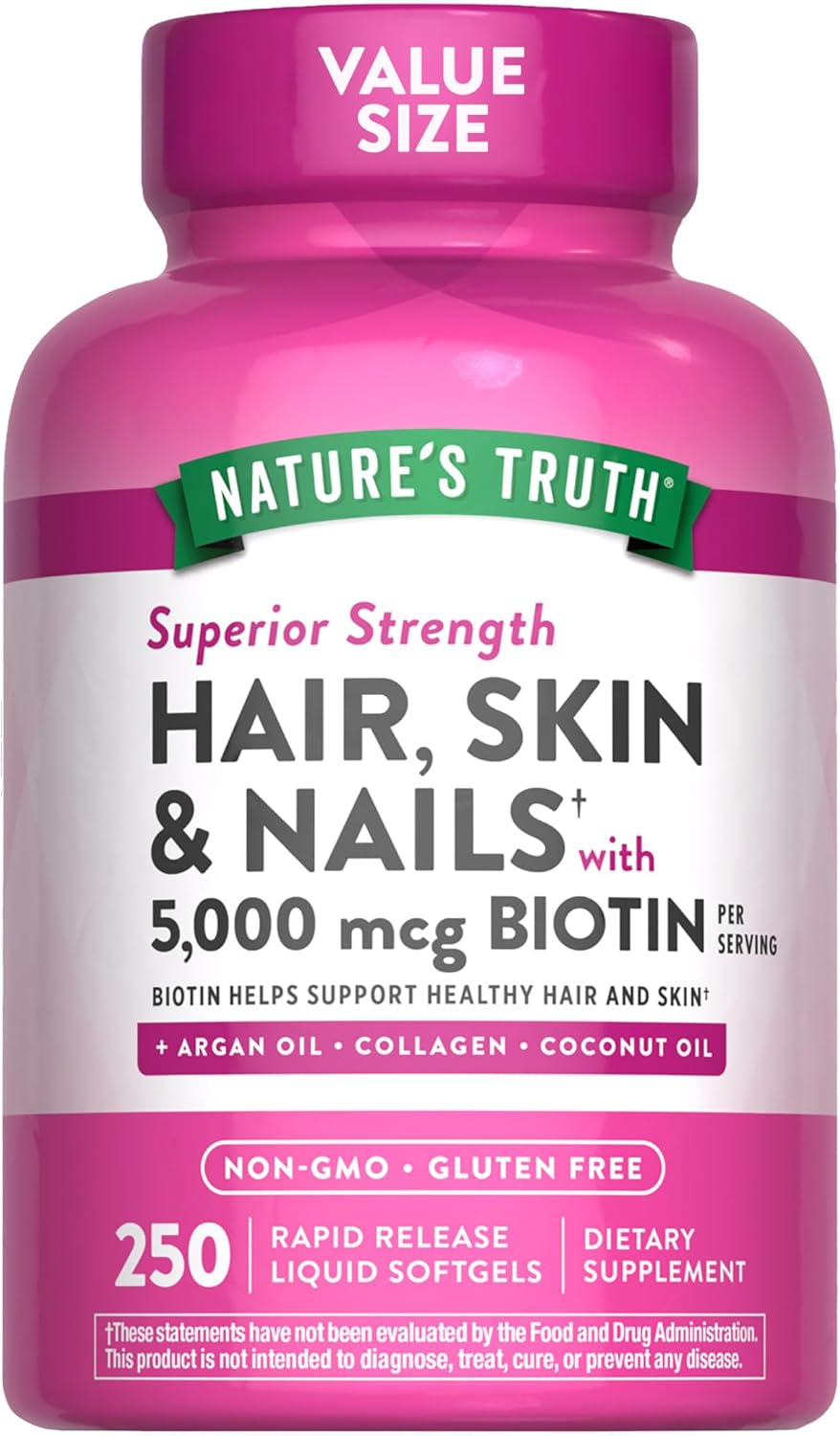 Nature’s Truth Hair, Skin & Nails Vitamins | 5000mcg | 250 Softgels | Includes Collagen, Biotin and Coconut Oil | Non-GMO & Gluten Free Supplement for Women and Men