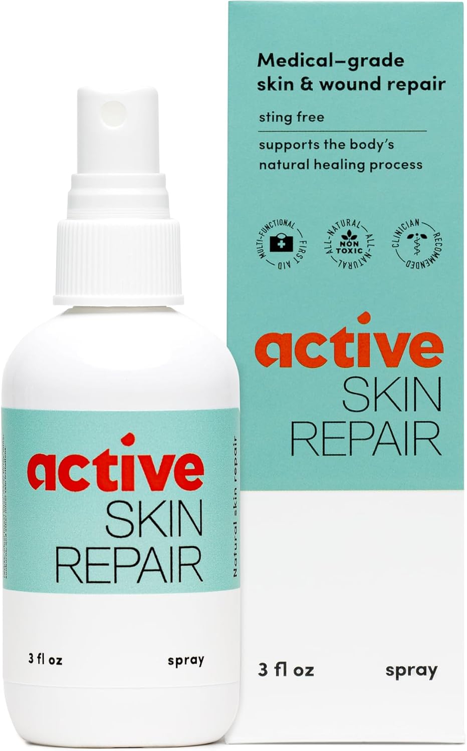 Active Skin Repair First Aid Healing Skin Spray – Natural & Non-Toxic with Hypochlorus Acid for Minor Cuts, Wounds, Scrapes, Rashes, Sunburns, & More, 3 oz