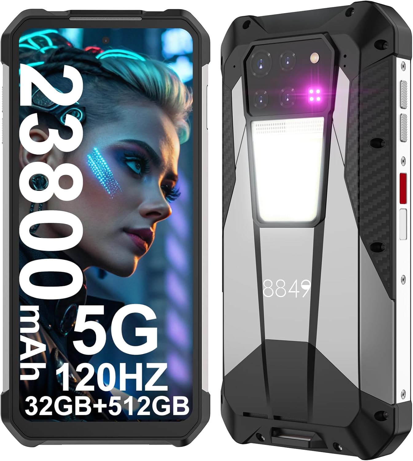 8849 Tank 3 Rugged Smartphone, 23800mAh 5G Outdoor Rugged Cell Phone Unlocked, 32GB RAM+512GB ROM, 6.79″ Waterproof Android 13 Mobile Phones, 200MP Main Camera/OTG/GPS(Support T-Mobile & Verizon Only)