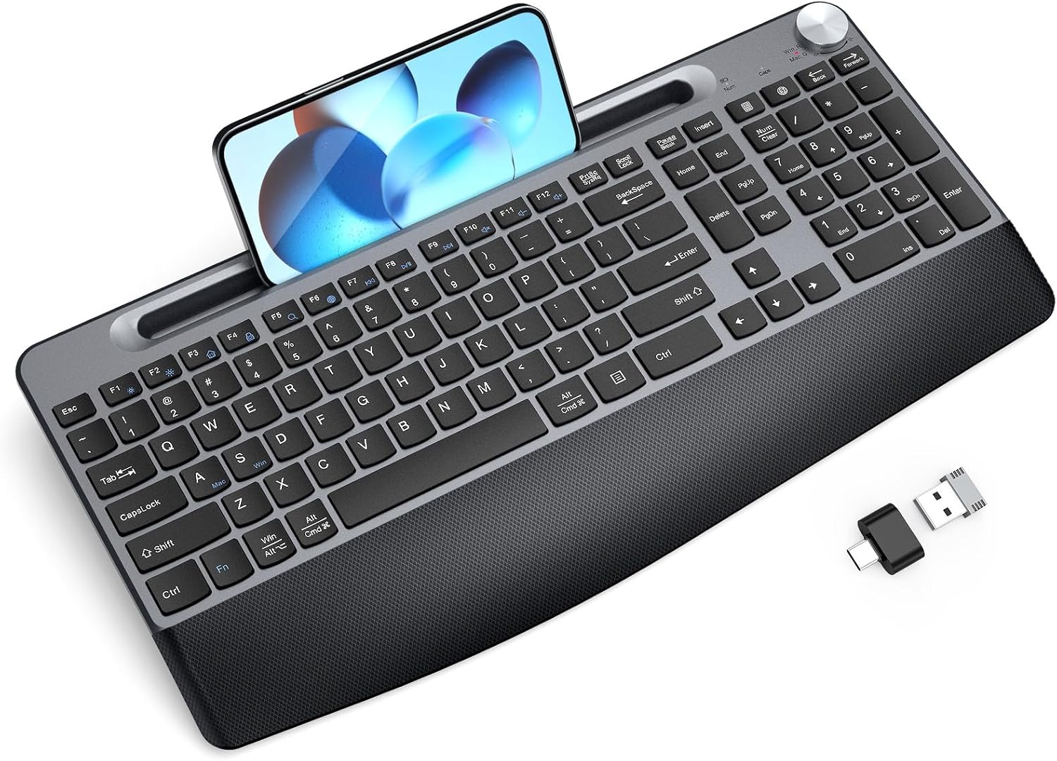 Ergonomic Wireless Keyboard with Wrist Rest-Low-Profile,Phone/Tablet Holder,Quiet Design，Windows & Mac OS，Full Size Cordless USB Computer Keyboard for Desktop,Laptop, PC, Mac, Windows-Black