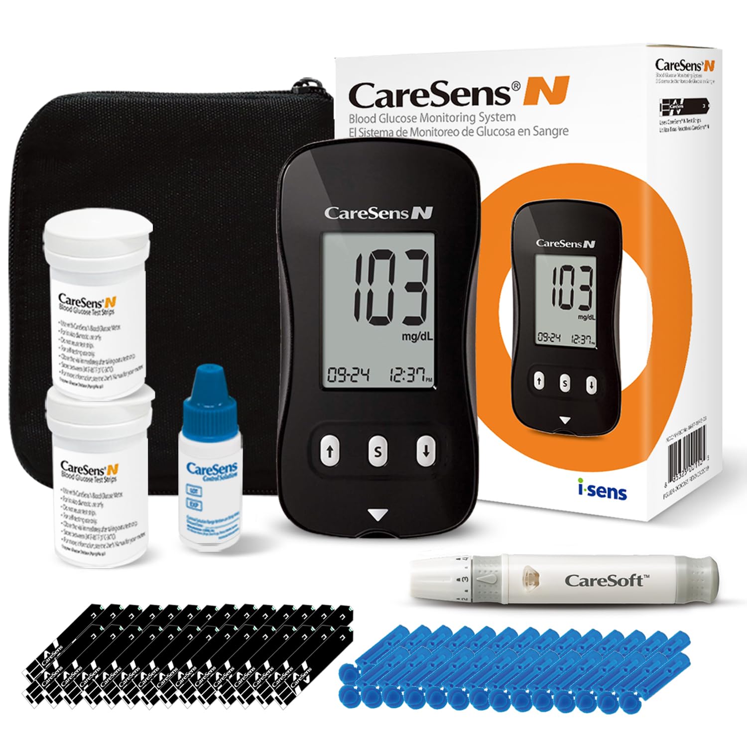 CareSens N Blood Glucose Monitor Kit with 100 Blood Sugar Test Strips, 100 Lancets, 1 Blood Glucose Meter, 1 Lancing Device, 1 Control Solution, Travel Case for Diabetes Testing for Personal Use