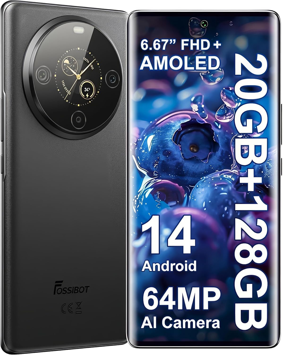 FOSSIBOT S3Pro Unlocked Phone, 6.67″ AMOLED Curved Display+1.09” Rear Display 4G Cellphone, Android 14 Phone,20GB+128GB/1TB,5000mAh Battery Smartphone,64MP+8MP+2MP Camera,Face&Fingerprint Unlocked