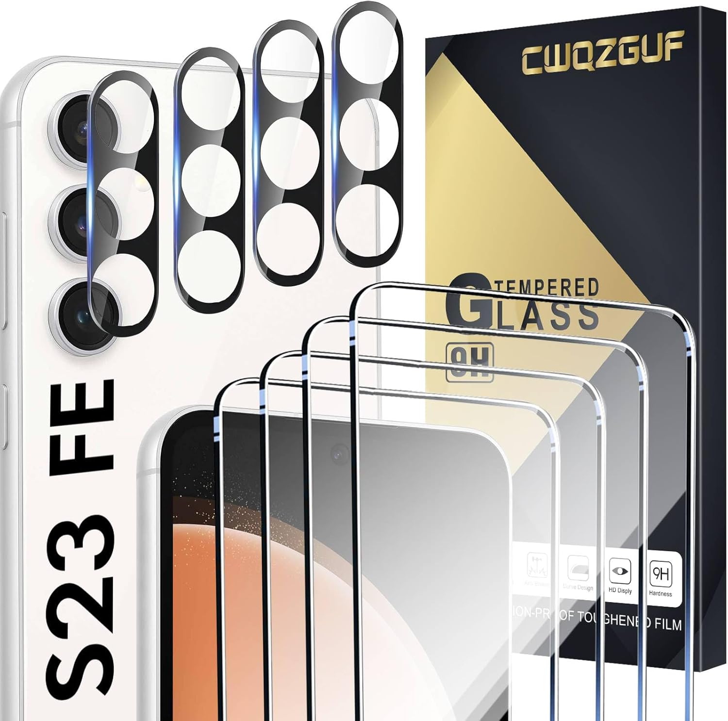 Screen Protector Compatible with Galaxy S23 FE 5G, [4+4 Pack] Camera Lens Protectors, Fingerprint Unlock Support, HD Tempered Glass, Touch Sensitive, Anti Scratch