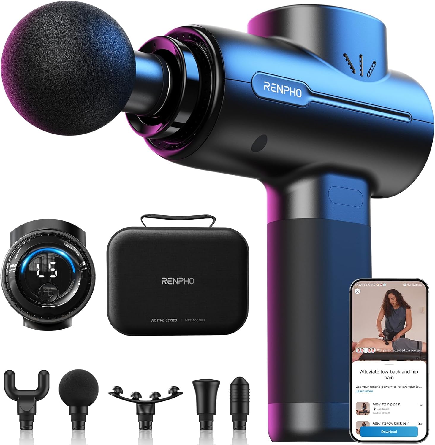 RENPHO Active+ Percussion Massage Gun – 5 Adjustable Speeds for Back, Neck, Muscle Recovery – App Controlled Guided Courses, with Carry Case for Professional Athlete, Gym and Travel,Black