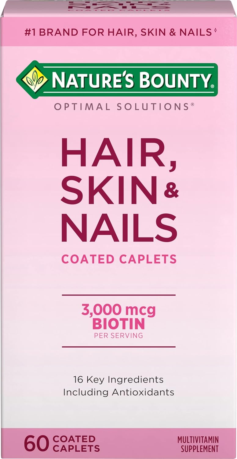 Nature’s Bounty Optimal Solutions Hair, Skin & Nails Formula, with 3,000 mcg Biotin, 60 Coated Caplets, 20 Total Servings