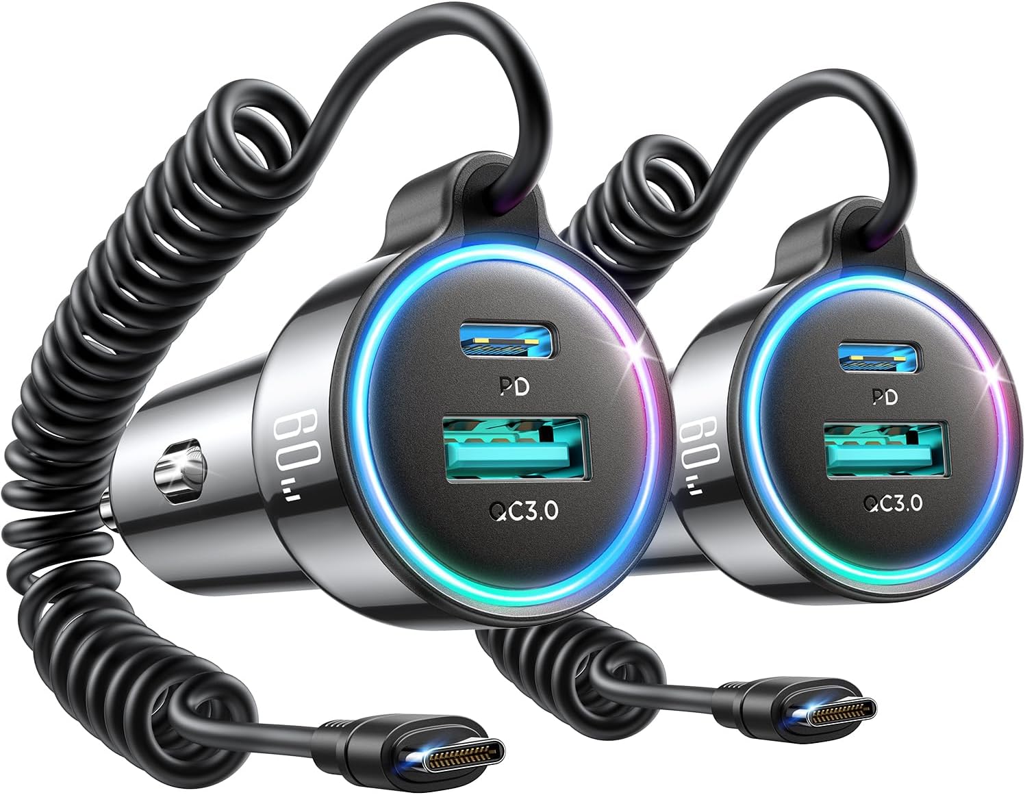 2-Pack 60W Fast Car Charger USB C, PD &QC3.0 with 5ft 30W Type C Coiled Cable, Car iPhone Charger Adapter Cigarette Lighter for iPhone 16/15 Pro Max Plus, Samsung S24/S23, Andriod/Pixel/iPad