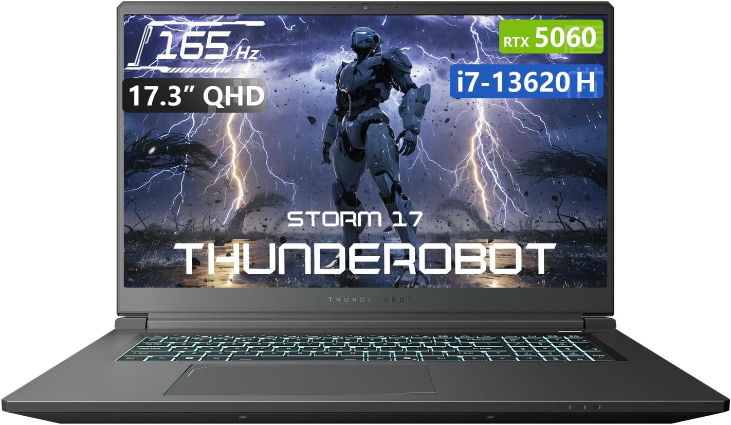 Thunderobot Storm 17 5060 Gaming Laptop, 17.3″ QHD 165Hz 2K Display, Core i7-13620H, GeForce RTX 5060, 32GB DDR5 RAM, 1TB SSD, RGB Backlit Keyboard, Wi-Fi 6, Win11 Home