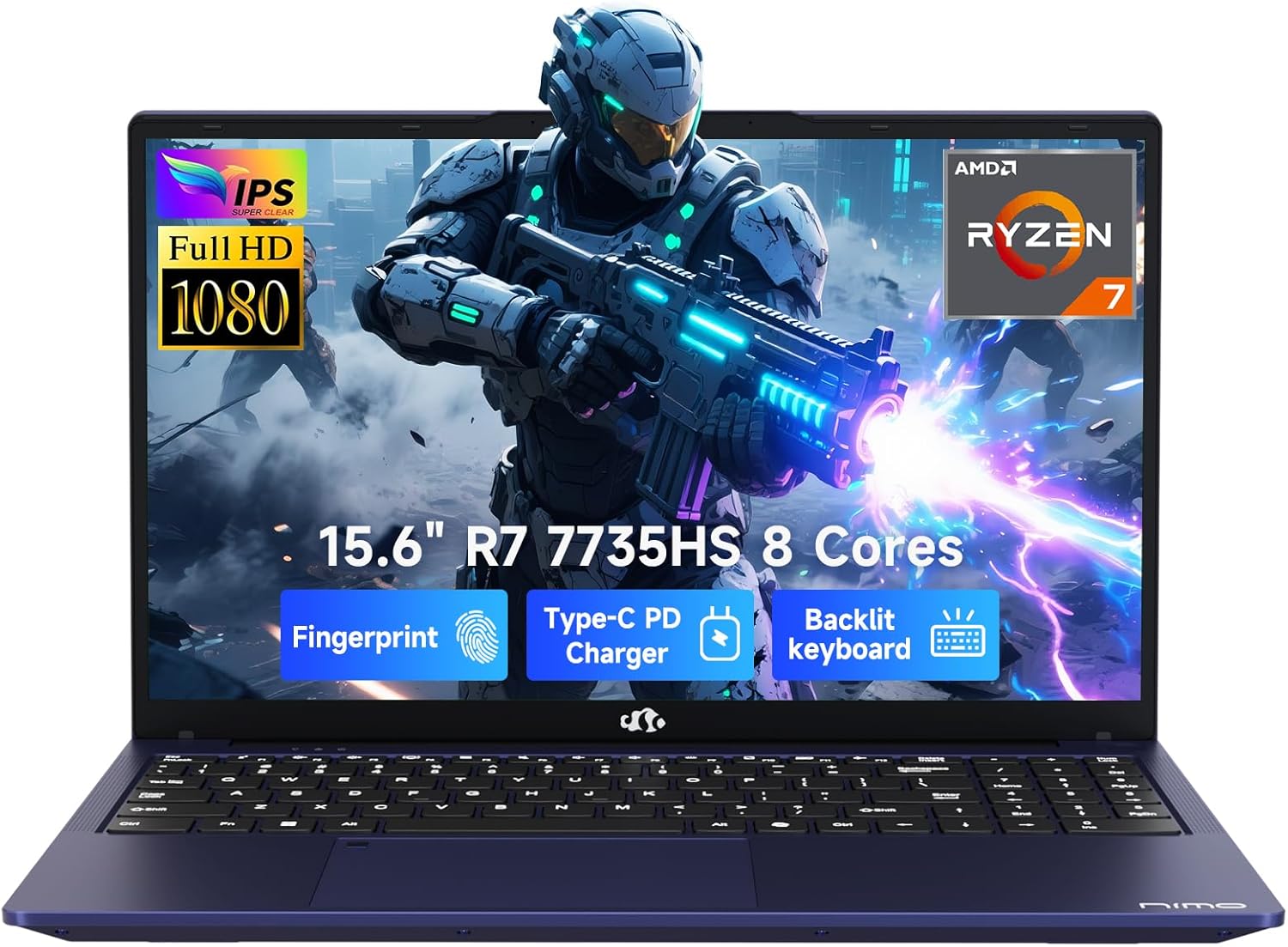NIMO Gaming Laptop, 15.6″ FHD Laptop with AMD Ryzen 7 7735HS (8 Cores, Up to 4.75GHz), 16GB DDR5 1TB SSD Laptop for Business & Student, Radeon 680M, 100W Type-C, 180° Viewing, Backlit KB, Dual Fans