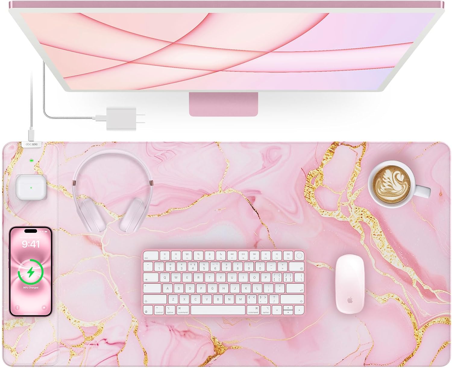 Pink Marble Mouse Pad with 15W Wireless Charging, 31.5″x15.8″ Large Gaming Desk Pad/Mat for Women Girls, Waterproof Ultra-Smooth Surface, Non-Slip Base, with 20W PD Adapter