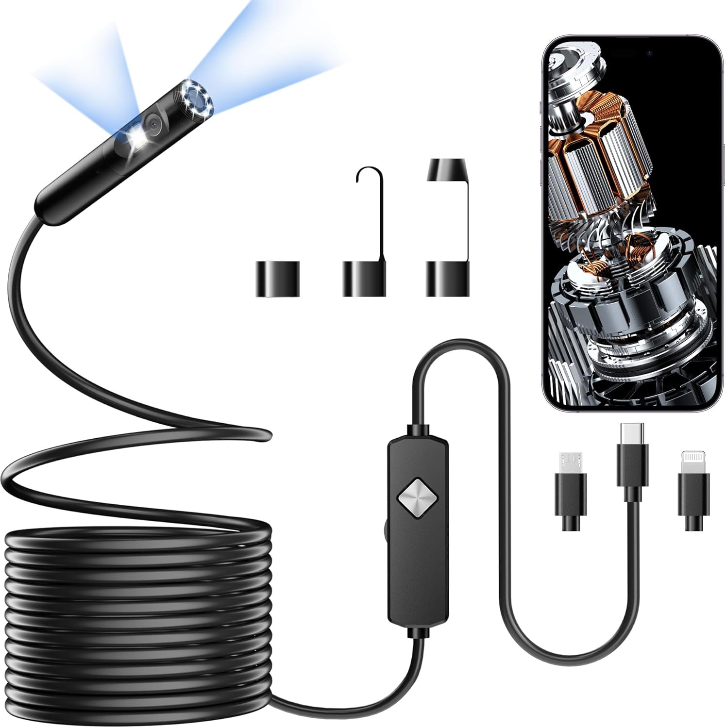 Endoscope with Light, 1920P HD Borescope with 8 Adjustable LED Lights, 16.4FT Semi-Rigid Snake Camera, IP67 Waterproof Inspection Tool for iPhone & Android – Dual Lens (Black)
