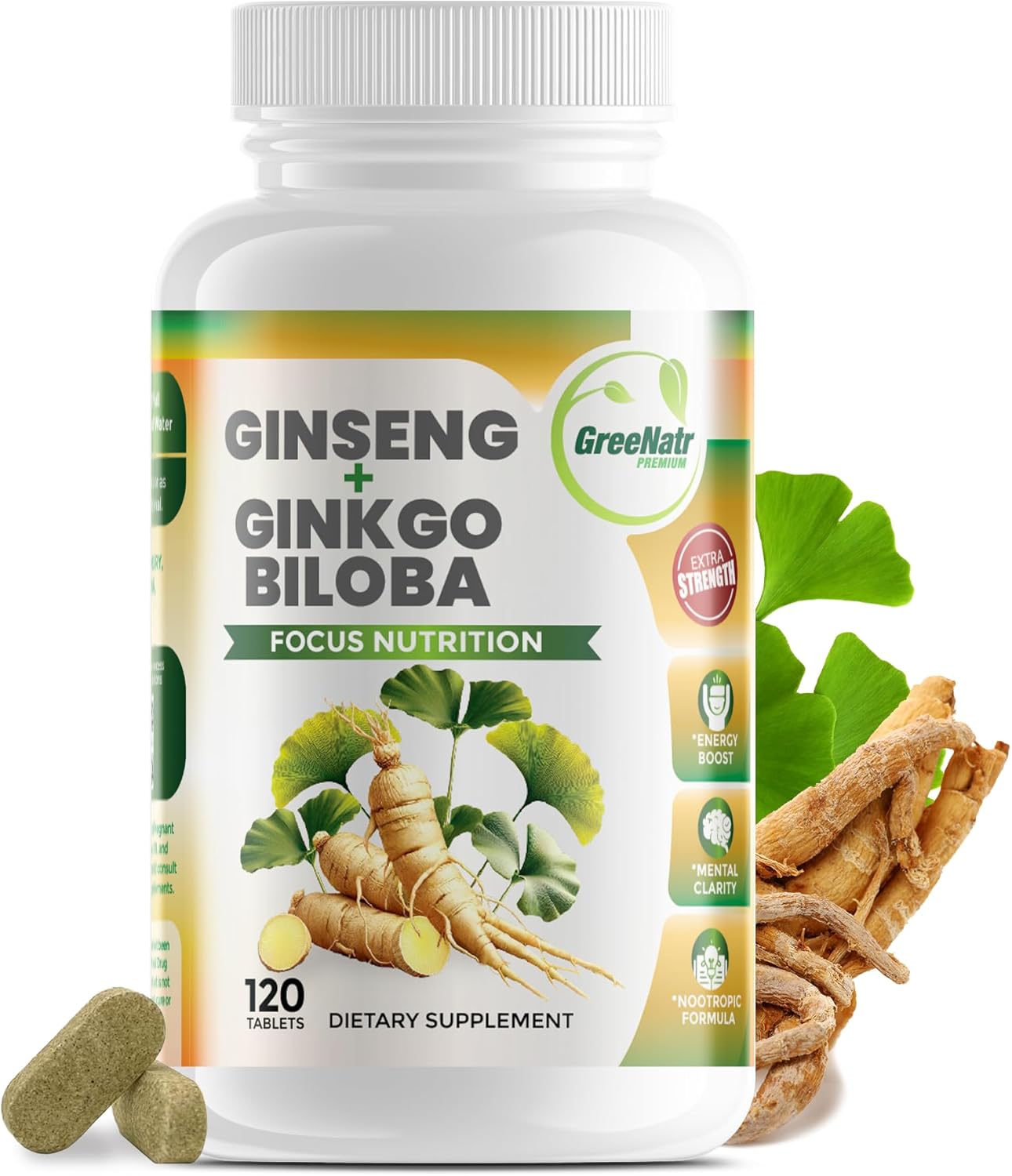 GreeNatr Ginko Biloba & Panax Ginseng Supplement – Red Ginseng Brain Supplement for Memory and Focus – Ginkgo Biloba Supplements for Good Vision, Immune System and Improved Blood Flow – 120 Tablets
