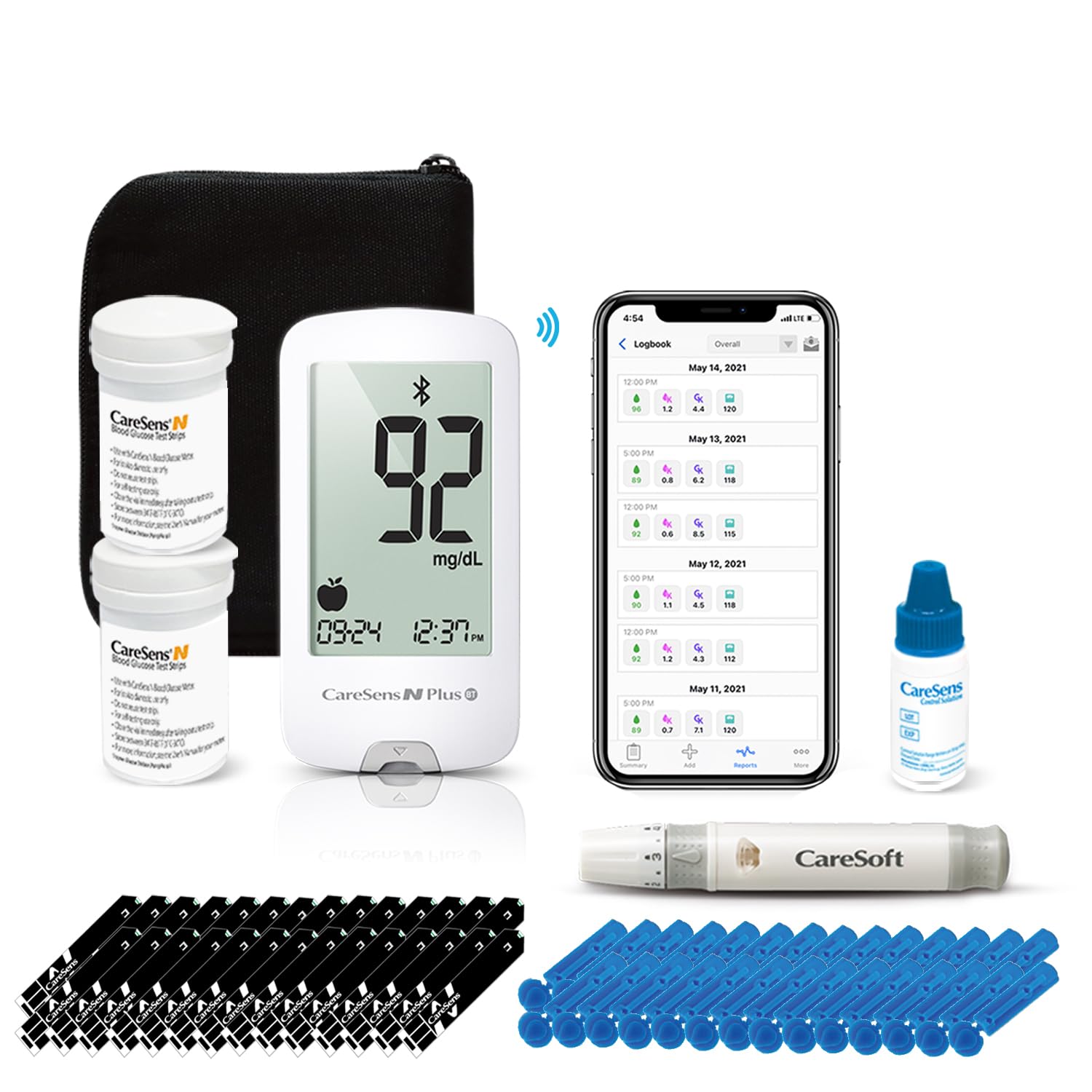 CareSens N Plus Bluetooth Blood Glucose Monitor Kit with 100 Blood Sugar Test Strips, 100 Lancets, 1 Blood Glucose Meter, 1 Lancing Device, Travel Case for Diabetes Testing Kit (Auto-Coding Glucometer kit with 1 Control Solution) for Personal Use