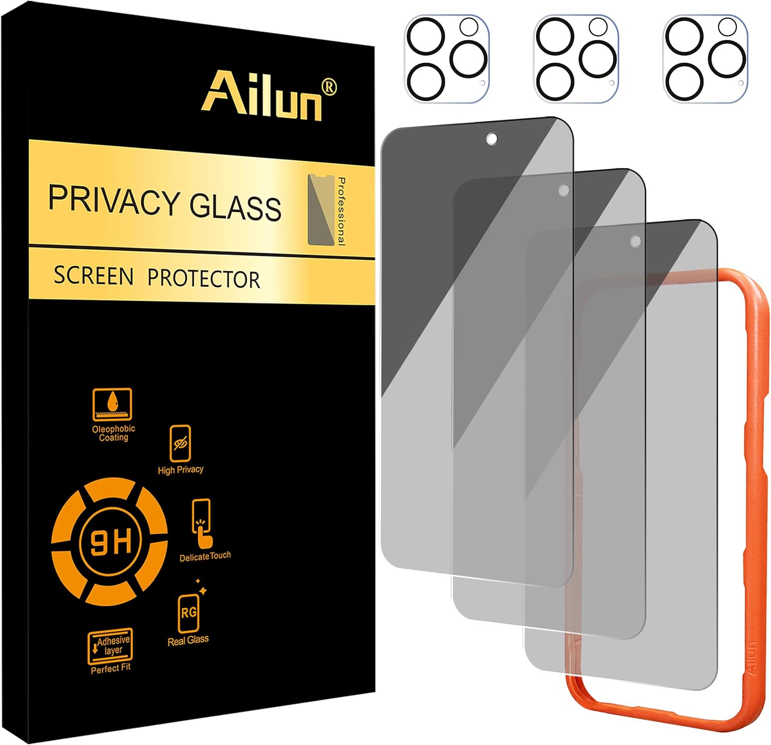Ailun 3 Pack Privacy Screen Protector for iPhone 16 Pro Max [6.9 inch]+ 3 Pack Camera Lens Protector,Dynamic Island Compatible,Anti Spy Tempered Glass[9H Hardness][Not for iPhone 16e/16/16Pro/16Plus]