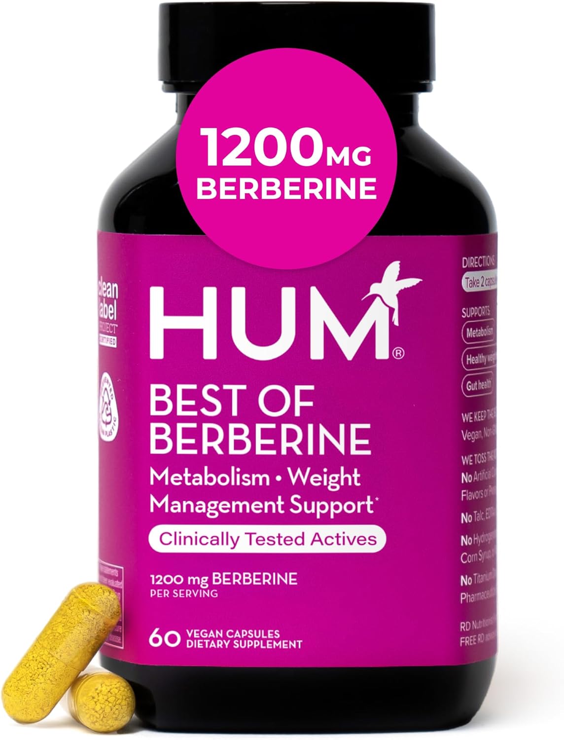 HUM Best of Berberine Supplement 1200mg, Pure Potency for Metabolic Wellness, Gut Health, Pure Berberine Supplements Enhanced with BioPerine for Maximum Absorption, 60 Capsules