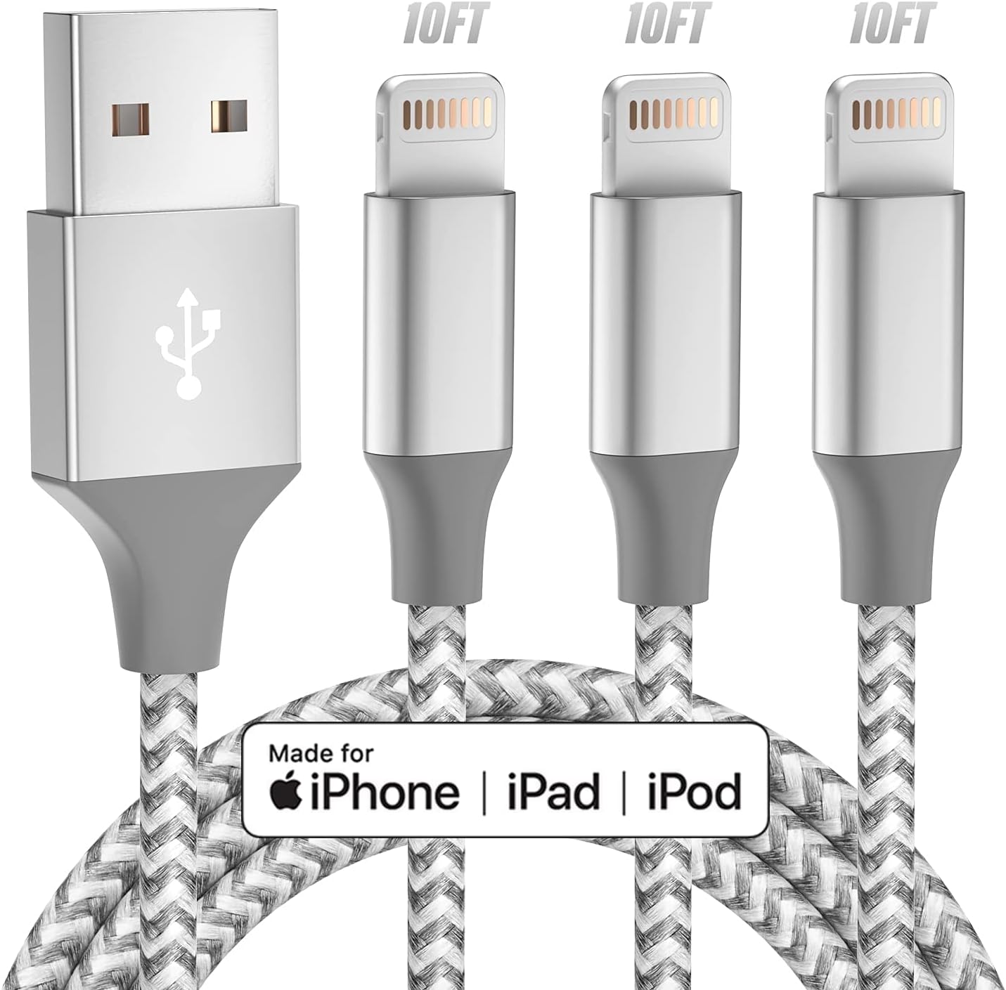 iPhone Charger 3pack 10FT Apple MFi Certified Long Lightning Cable Fast Charging High Speed Data Sync USB Cable Compatible iPhone 14/13/12/11 Pro Max/XS MAX/XR/XS/X/8/7/Plus/6S (Grey White)