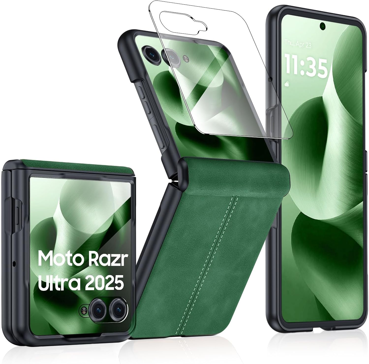 for Motorola Razr Ultra 2025 Case Built-in Screen Protector & Hinge Protection & Ultra Thin PU Leather Matte PC Shockproof Phone Cover Smartphone Case for Moto Razr Ultra 2025 (Green)