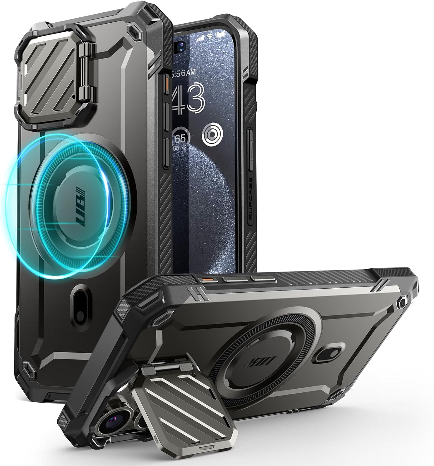 SUPCASE for iPhone 15 Pro Max Case with Camera Cover & Stand (UBMag XT) [Compatible with MagSafe] [Built-in Kickstand] [Military-Grade Protection] Heavy Duty Rugged Magnetic Phone Case, Black