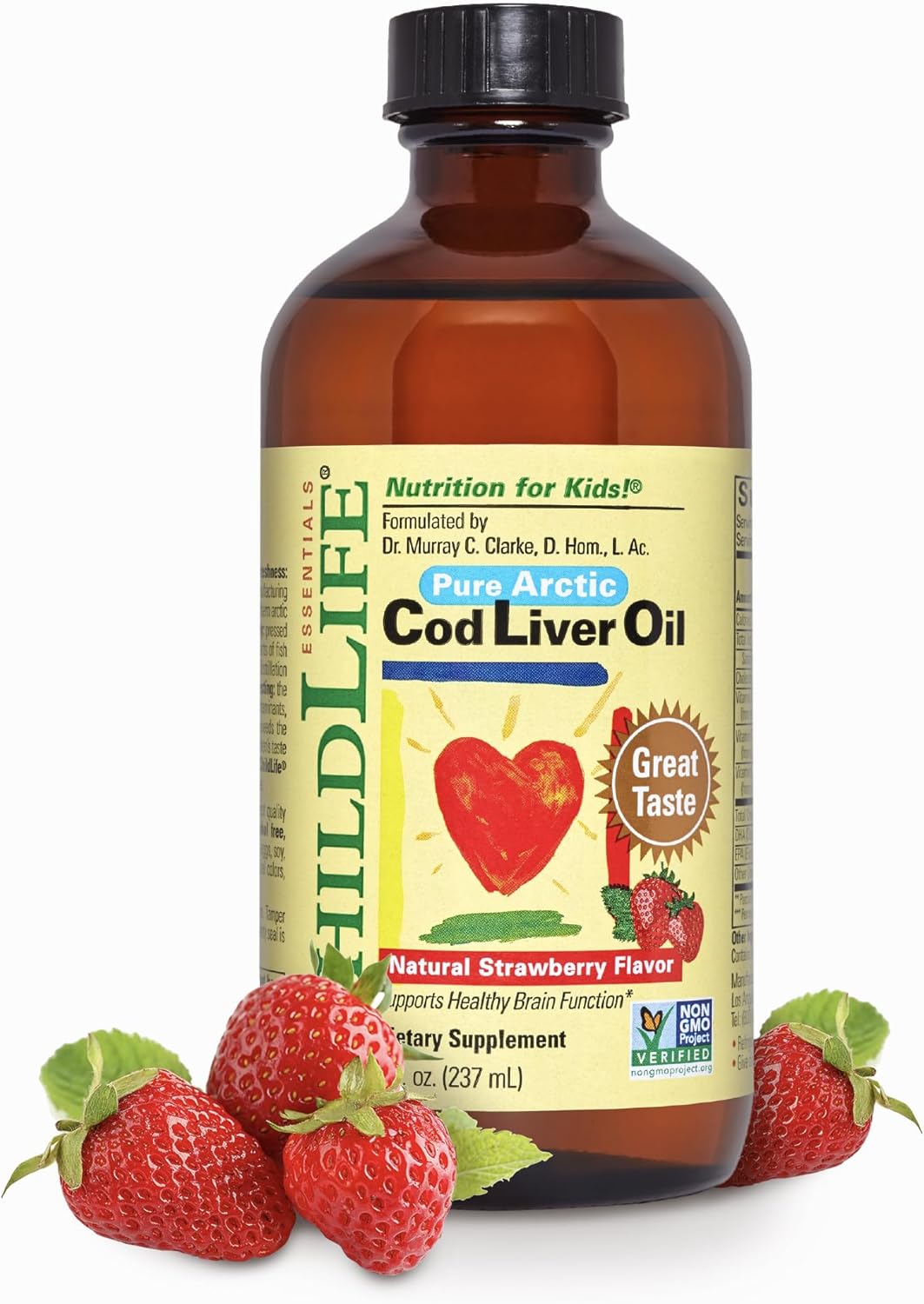 CHILDLIFE Essentials Cod Liver Oil for Kids – Liquid Arctic Cod Liver Oil for Babies 6+ Months, Toddlers, & Kids, Added DHA, EPA, Omega-3 Fatty Acids – Strawberry, 8 fl oz