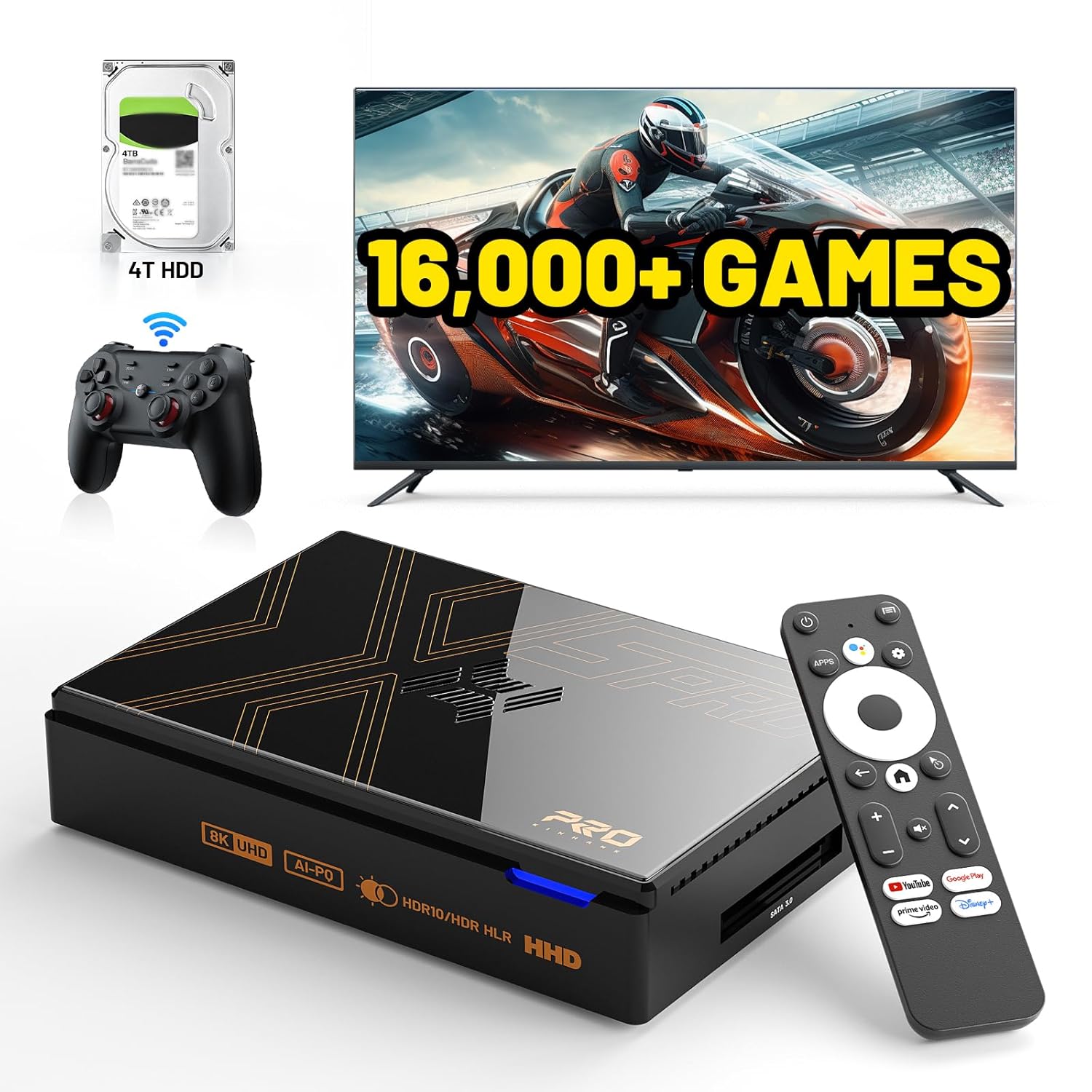 Kinhank Super Console X5 PRO Retro Gaming Console with 16000+Games,Android 12.0 OS,Emulator System,8K UHD Output,WI-FI 6,BT 5.0,SATA 3.1,AV1,Rock Chip RK3588S,Gigabit Ethernet,Wireless Controller