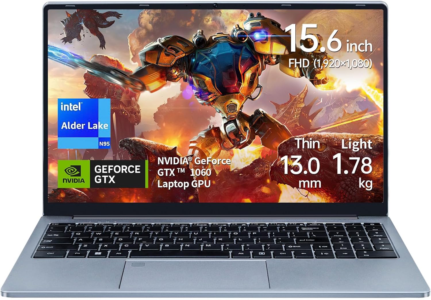 15.6 inch Narrow Border Laptop, Celeron N95 UHD + GTX 1060 4GB,16G DDR4 Quad-Core,1920×1080 FHD IPS, Backlit Keyboard,Fingerprint Unlocking (Gray, 16GB+512GB SSD)