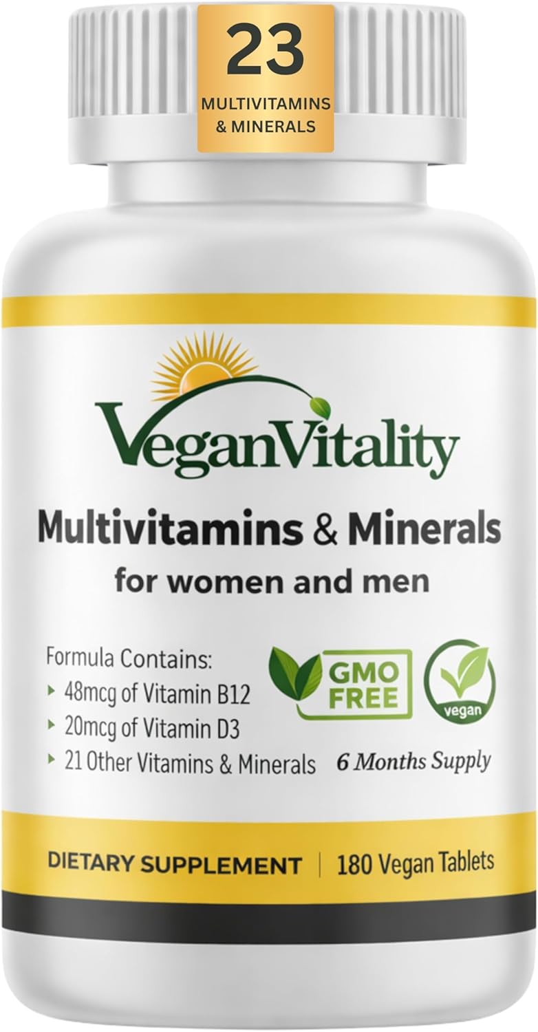 Vegan Vitality Multivitamins & Minerals for Women and Men with High Strength Vitamin B12, D3 & K2. 180 Vegan Multivitamin Tablets – 6 Months Supply. Vitamins for Vegans. Women Multivitamin
