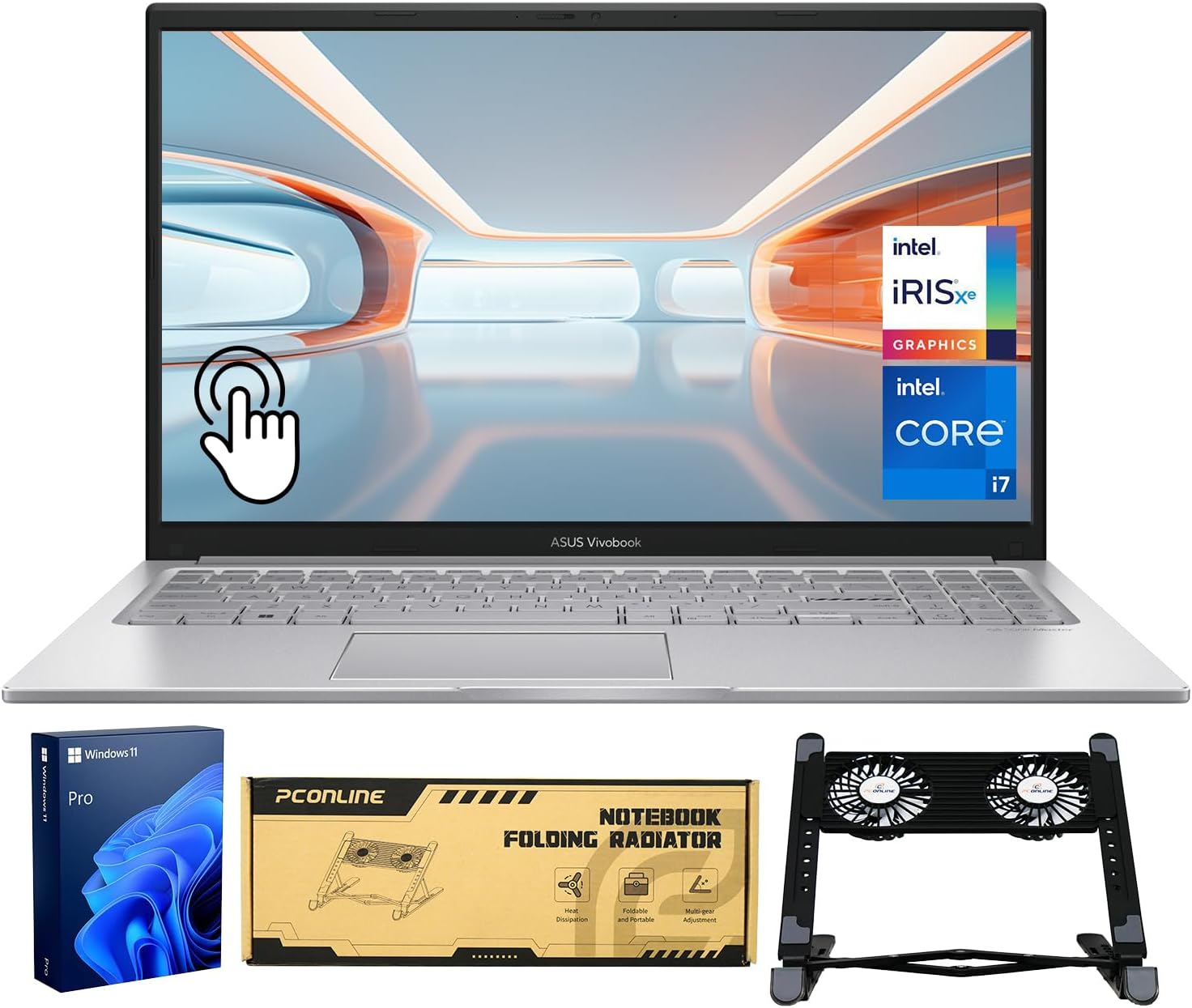 ASUS Vivobook 15.6″ Business Laptop, FHD Touchscreen, Intel 10-Core i7, 40GB RAM, 2TB SSD, Backlit KB, HDMI, Win11Pro, Bundle with PCO Notebook Folding Radiator, Laptop Cooler