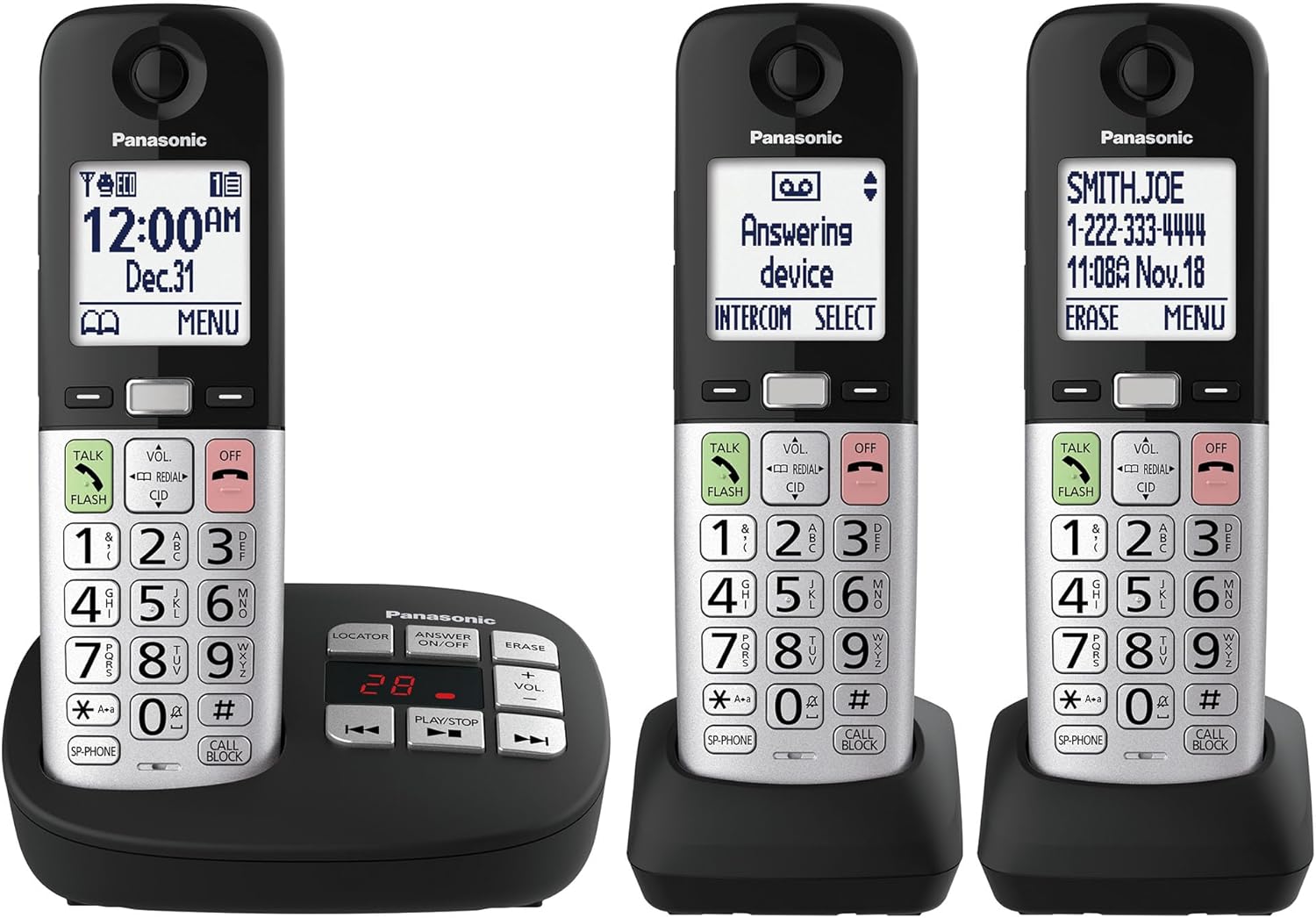 Panasonic Cordless Phone, Easy to Use with Large Display & Big Buttons, Flashing Favorites Key, Flashlight, Call Block, Volume Boost, Talking Caller ID, House Phones, 3 Handsets – KX-TGU433B