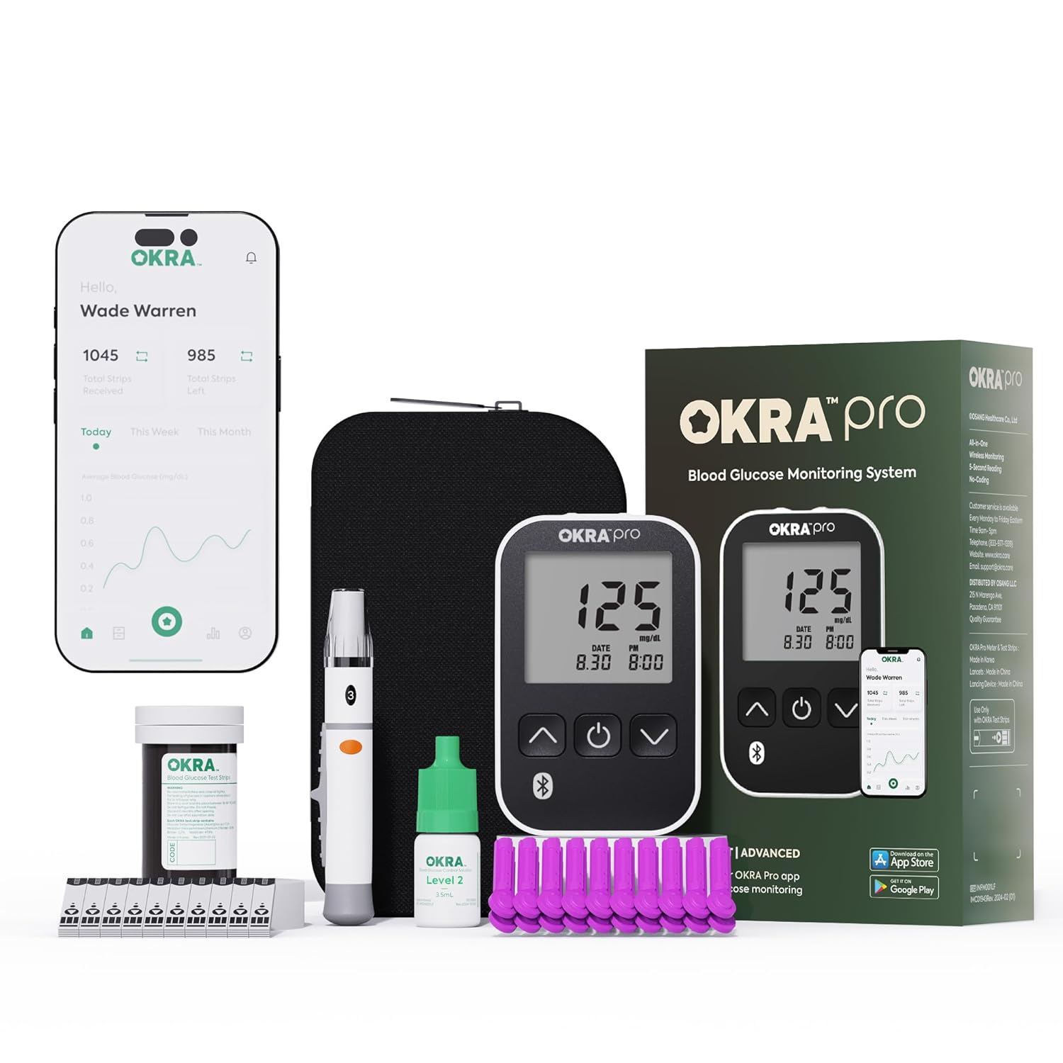 OKRA PRO Blood Sugar Monitor Kit – 5s Fast Glucose Results, No Coding, Strip Ejection, App for Tracking, 25 Test Strips, Home Diabetes Testing