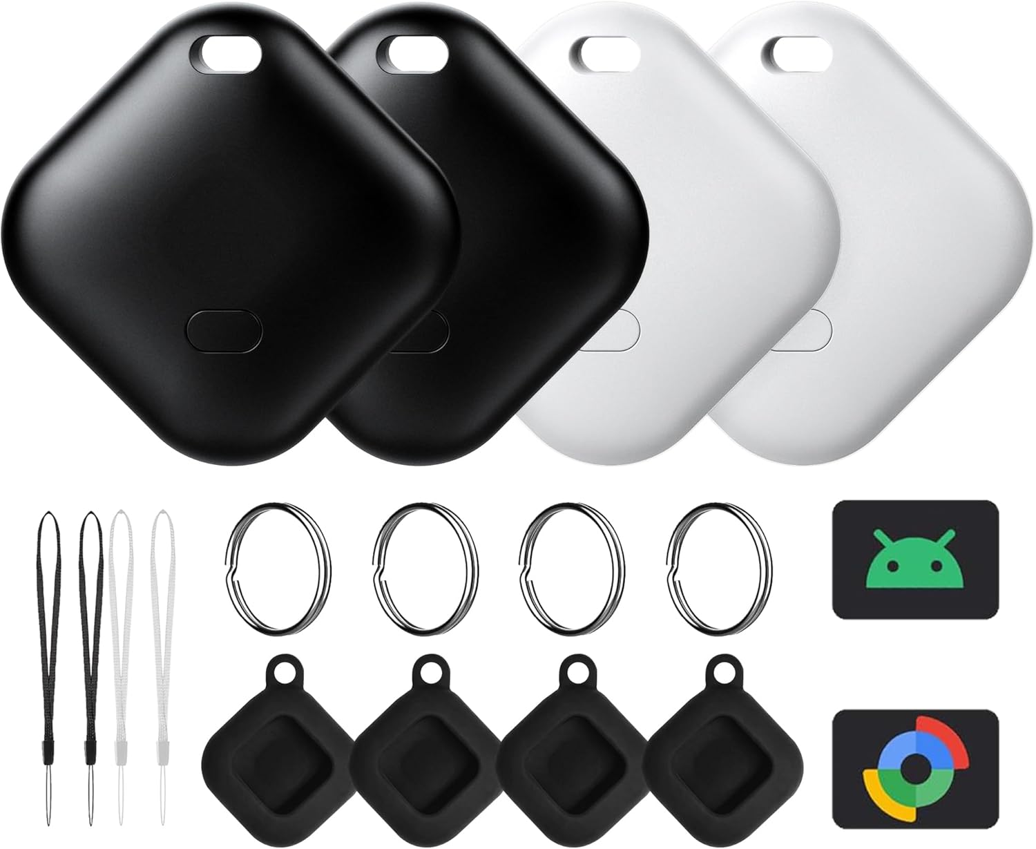 Air Tag for Android, Tags-4 Pack Tracker with 4 Case, Works via Google Find Hub App, Android Tracker Tags, Item Finder for Key, Backpack, Travel and Commute, 2 Black, 2 White (NOT for iOS)