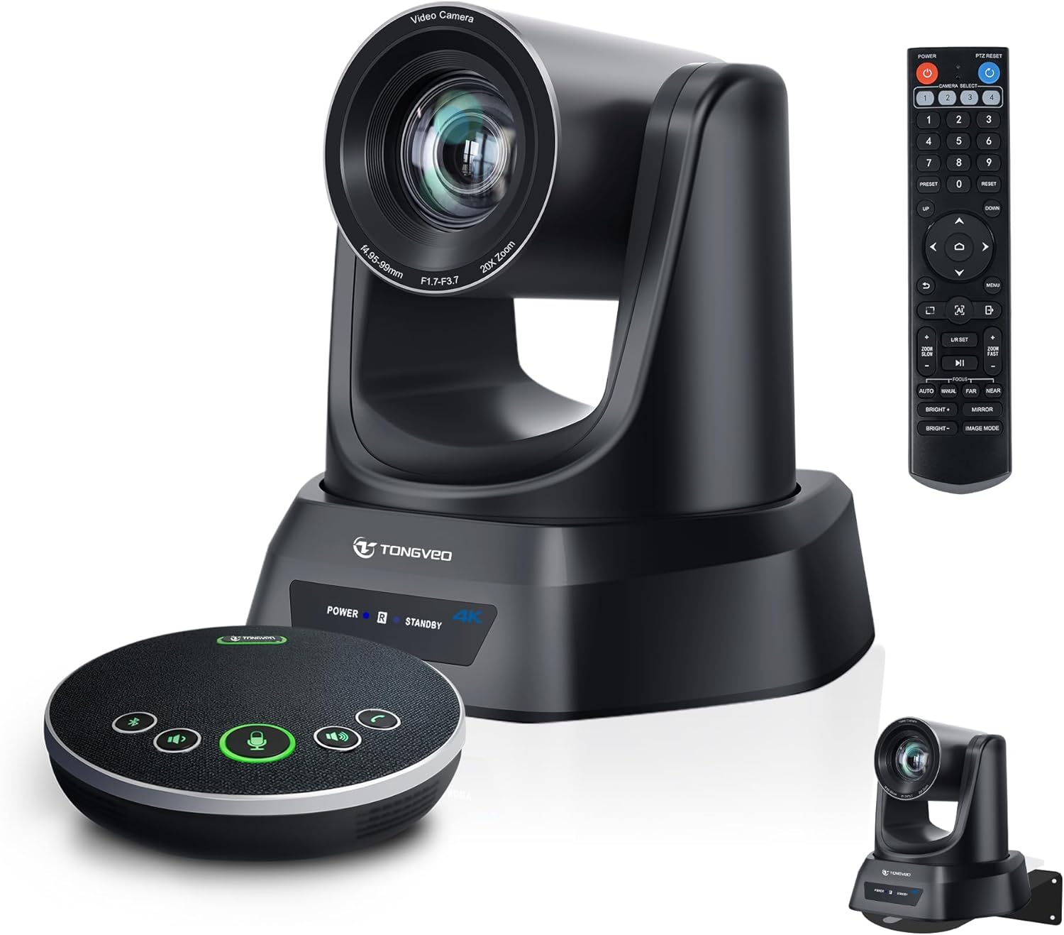 TONGVEO 4K AI Auto Tracking PTZ Conference Camera System with Bluetooth Speakerphone & Microphone, 20X Optical Zoom, USB3.0 HDMI LAN PoE Power Camera for Church Worship, Meetings, Streaming