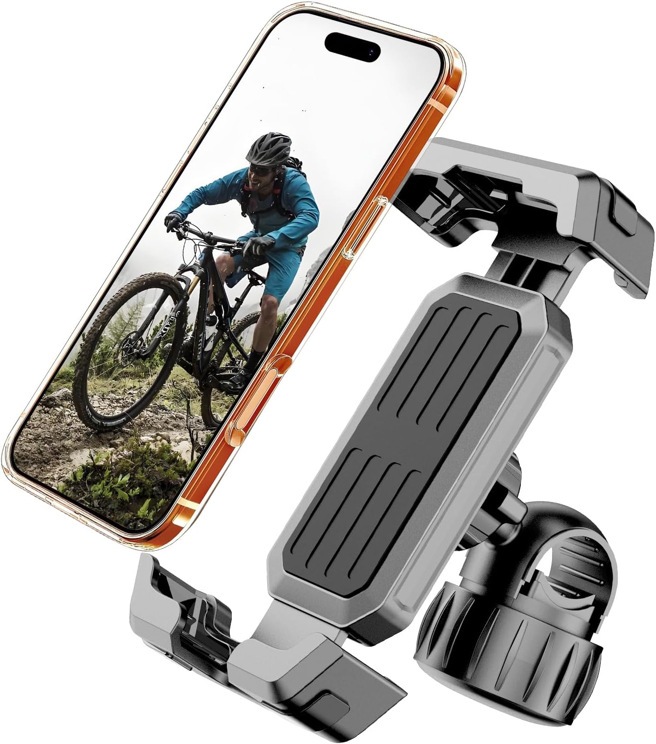 4rd-Gen Super Easy Install Bike Phone Holder, [1S Quick Lock] Motorcycle Phone Mount Clip, Bicycle Scooter Ebike Handlebar Holder Clamp fit Large Phone Case, Phone Mount for 4.7”-7” Cell Phones