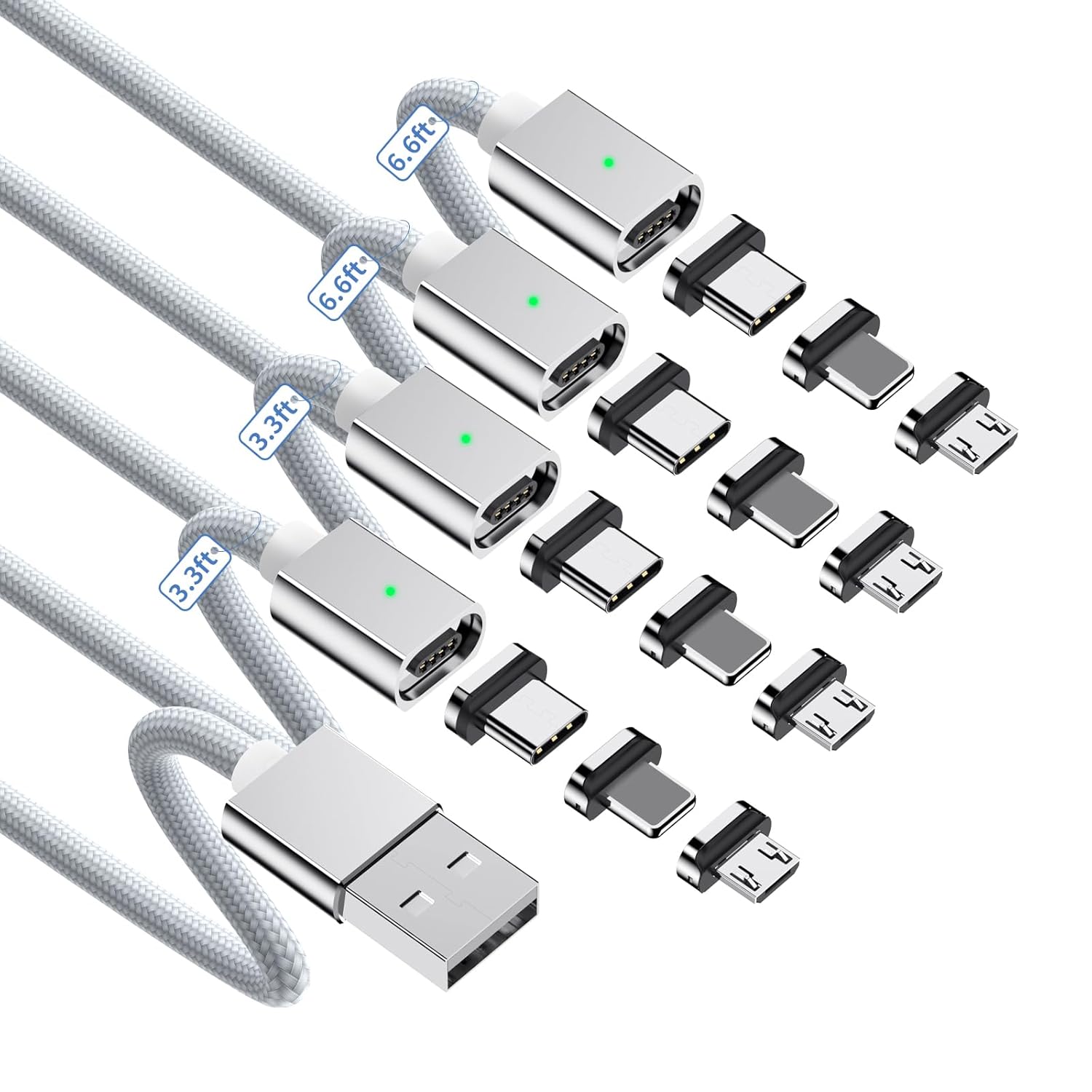 ZBF Magnetic Charging Cable 3A Fast Charging (4-Pack, 3.3/3.3/6.6/6.6 ft) 3 in 1 Magnetic Phone Charger, 480Mbps Data Transfer, USB A to Type C Charger Cable USB-C/Iproduct Micro USB Device – Silver