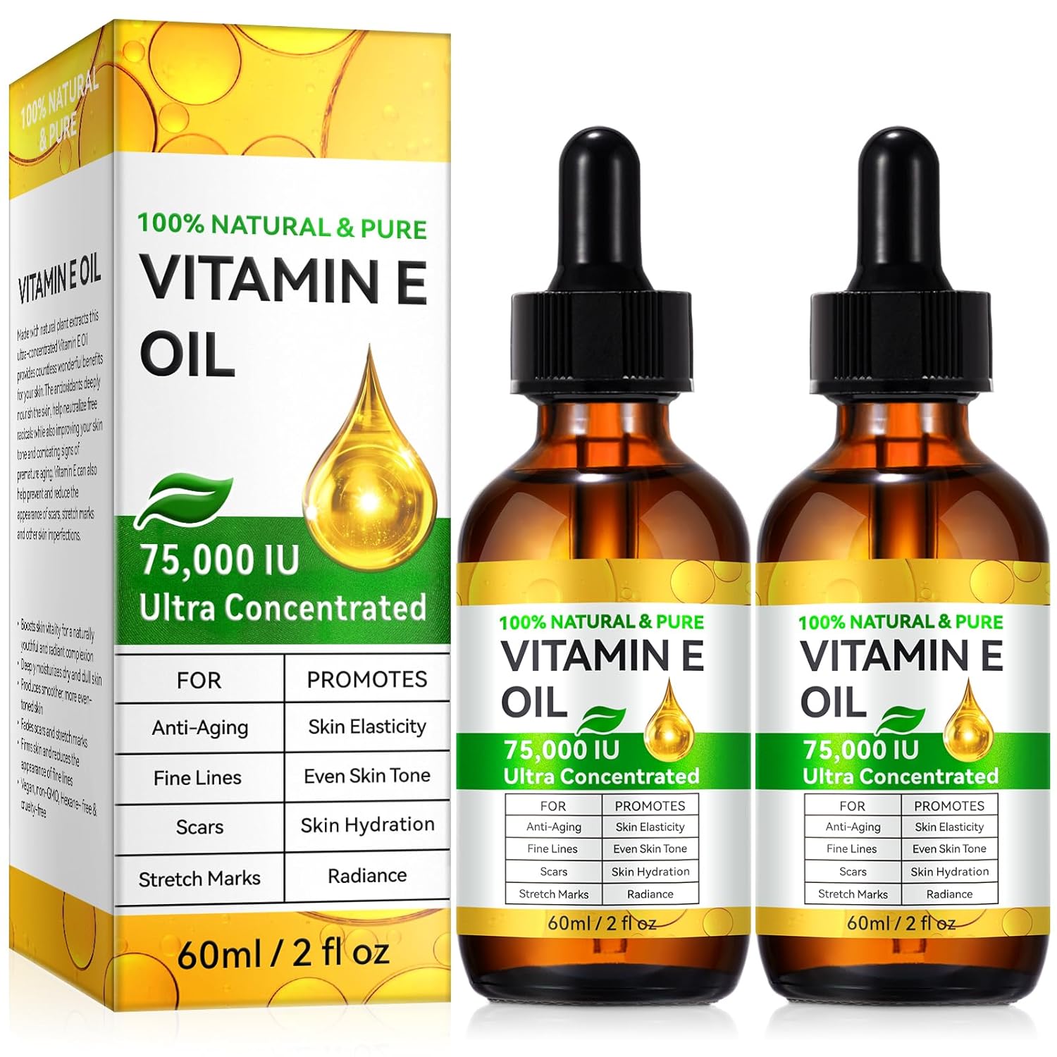 2PACK Vitamin E Oil for Face,100% Pure Vitamin E Oil,Organic Pure Vitamins E Oils,75,000 IU for Plump Skin,Body – Natural Antioxidant for Dryness, Wrinkles, Scars & Stretch Marks