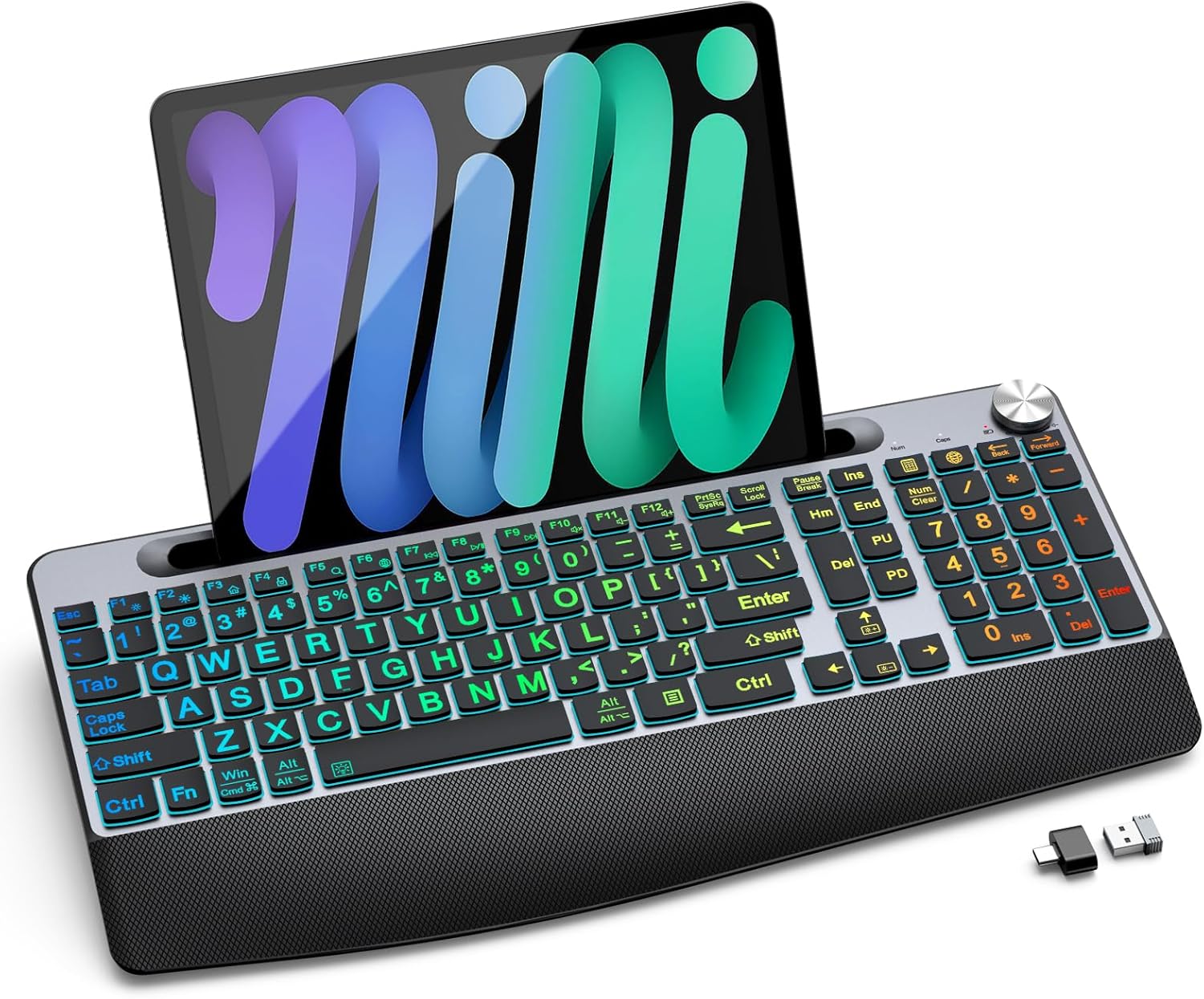 Large Print Backlit Wireless Keyboard with Wrist Rest-Low-Profile,Phone/Tablet Holder,Rechargeable with Light Up Keyboard,Ergonomic Quiet Computer Keyboard for Desktop,Laptop, PC, Mac-Grey