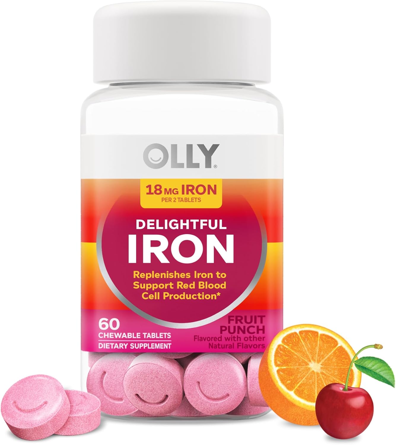 OLLY Delightful Iron Chewable Tablet, Iron Supplement from AB Fortis, Fruit Punch Flavored, 30 or 20 Day Supply – 60 Count