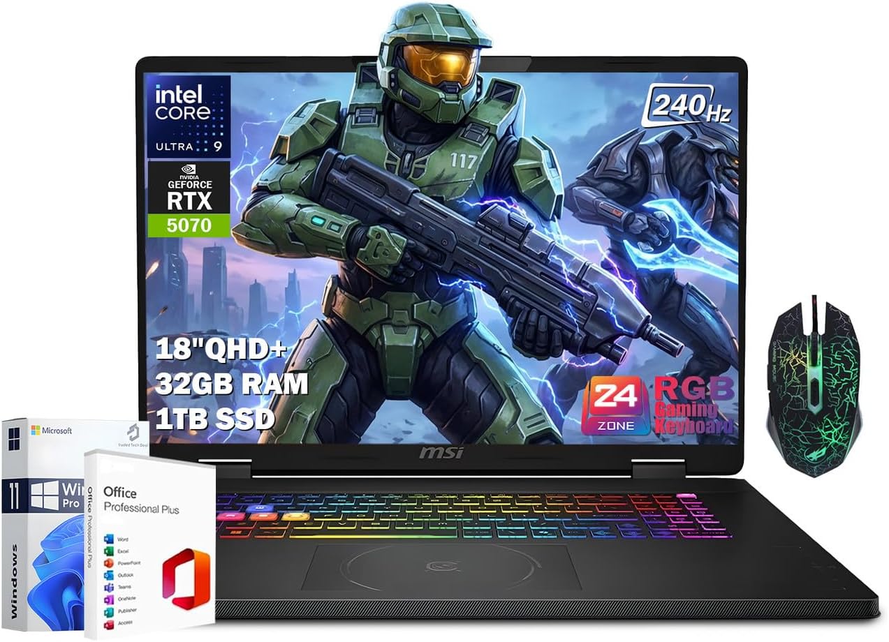 MSI Crosshair 18 HX AI Gaming Laptop, 18″ QHD+ IPS 240Hz, Intel Core Ultra 9 275HX(24 Cores), 32GB DDR5 RAM, 1TB SSD, GeForce RTX 5070 8GB GDDR7, RGB Keyboard, Windows 11 Pro, Gaming Mouse