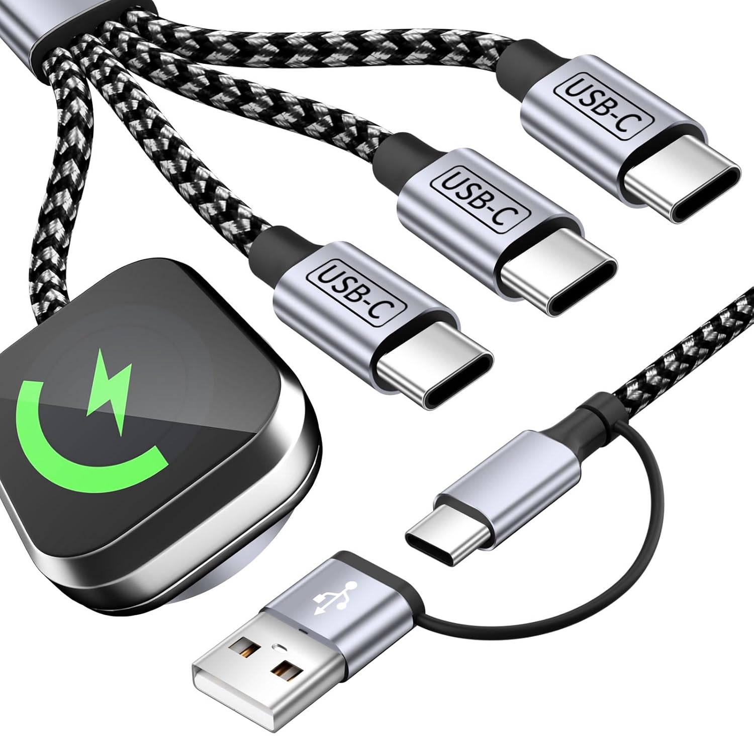 4 in 2 Charging Cable for Phone Watch Charger with 3 Type-C Ports, Travel Essentials USB C Splitter Multi Charging Cable/Cord for iWatch Ultra/SE/11-1, iPhone17 16 15 14, Android, More -1Pack 5FT