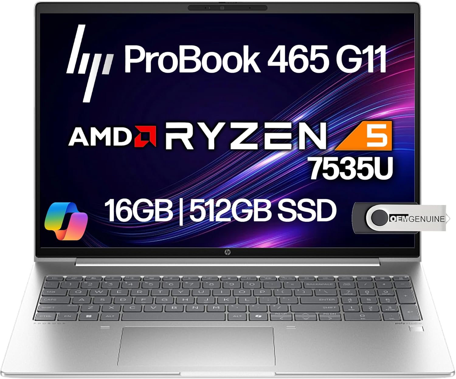 HP ProBook 465 460 G11 Business Laptop 16” FHD+ Display, AMD Ryzen 5 7535U, 16GB DDR5 RAM, 512GB NVMe, Wi-Fi 6E, RJ-45, Webcam, Backlit Keyboard, Win 11 Pro – Pike Silver Plastic